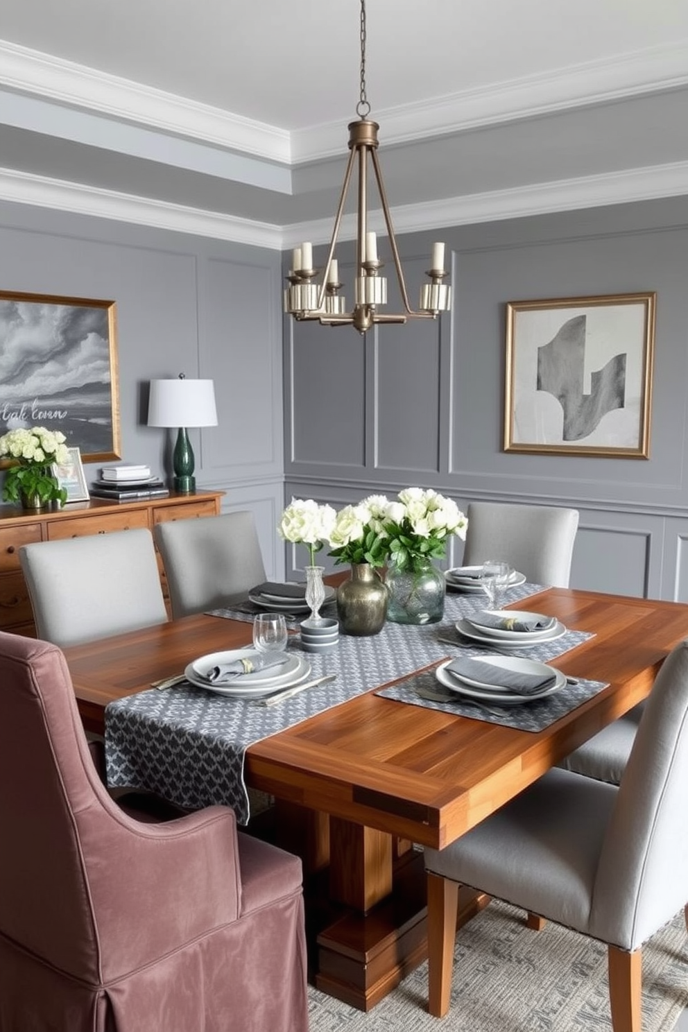 A stylish gray dining room featuring a large wooden table set with gray table linens that mix various patterns. Surrounding the table are upholstered chairs in complementary shades, creating a cohesive yet dynamic look.