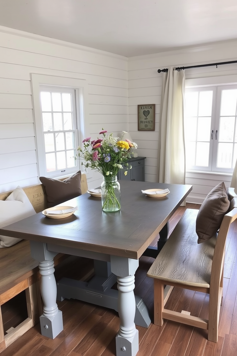 A rustic gray farmhouse table is the centerpiece of the dining room, surrounded by comfortable bench seating that enhances the cozy atmosphere. The walls are adorned with soft white shiplap, and the flooring features reclaimed wood, adding warmth to the space. Natural light floods the room through large windows dressed in light linen curtains, creating an inviting and airy feel. A centerpiece of fresh wildflowers in a mason jar sits atop the table, complemented by simple ceramic dinnerware.