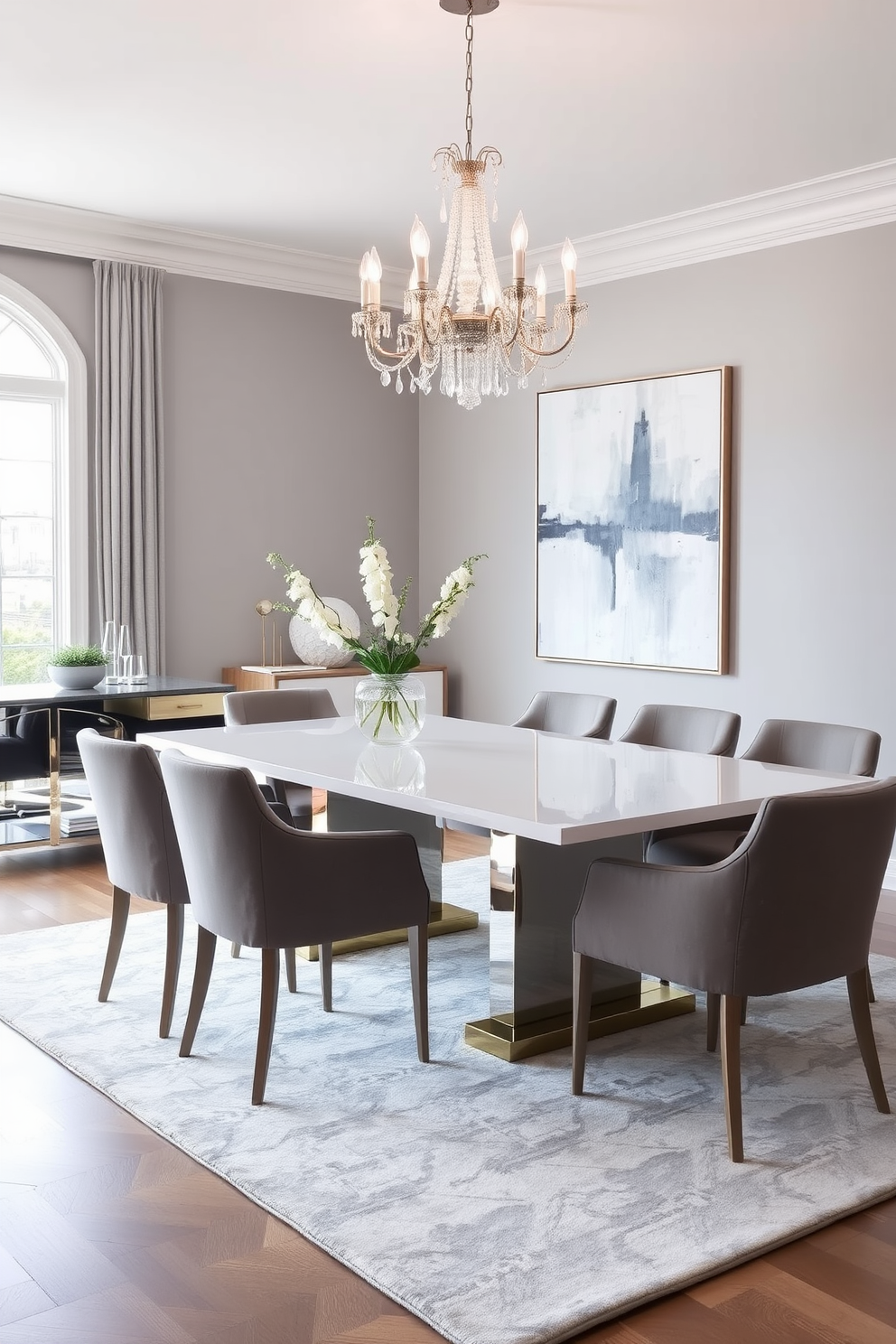 Cozy nook with gray upholstered bench. The nook features soft throw pillows and a small round table adorned with a decorative centerpiece. Gray dining room design ideas. The walls are painted in a light gray hue, complemented by a sleek gray dining table surrounded by elegant chairs.