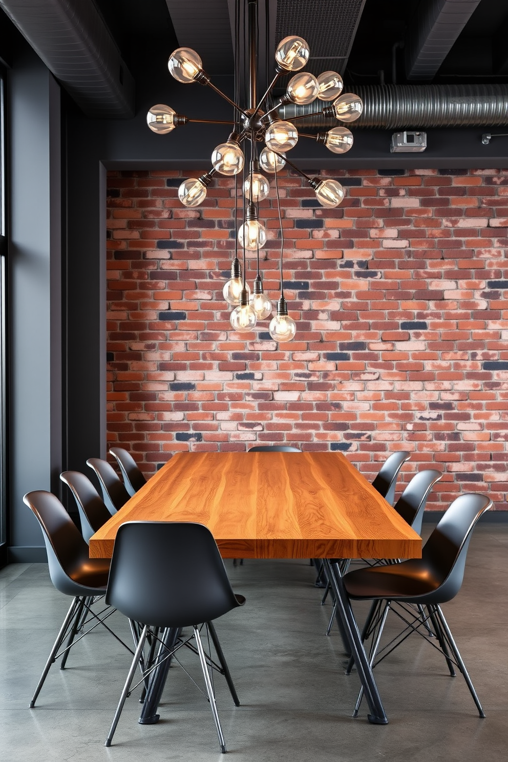 An industrial gray dining space features an exposed brick wall that adds texture and warmth to the room. A large wooden dining table with metal legs sits at the center, surrounded by sleek gray chairs with metal accents. Overhead, a cluster of pendant lights with an industrial design hangs, casting a warm glow over the table. The floor is polished concrete, complementing the metal fixtures and enhancing the modern aesthetic of the space.