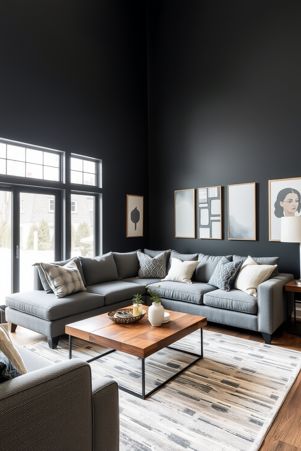 A cozy family room featuring an accent wall painted in deep charcoal creates a striking focal point. The room is furnished with a plush gray sectional sofa, complemented by a mix of textured throw pillows in varying shades of gray and soft white. Large windows allow natural light to flood the space, highlighting a sleek coffee table made of reclaimed wood. A stylish area rug in muted tones anchors the seating arrangement, while modern art pieces adorn the walls, adding personality to the room.