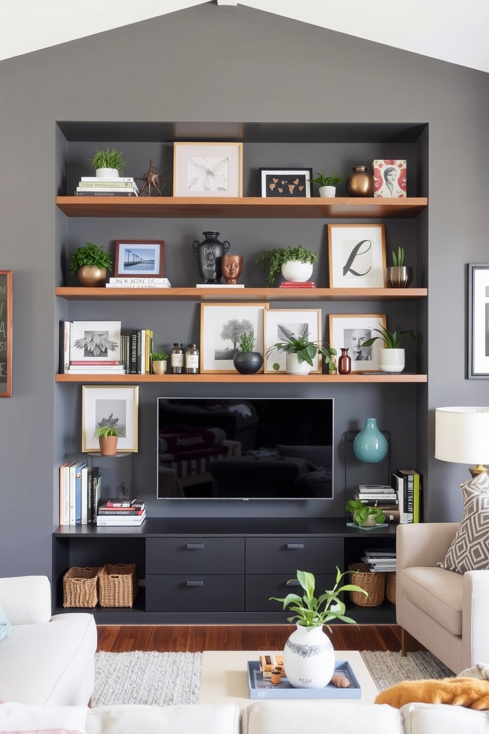 A contemporary family room featuring open shelving against a gray backdrop. The shelves are filled with an assortment of decorative books, plants, and art pieces, creating a stylish and inviting atmosphere.