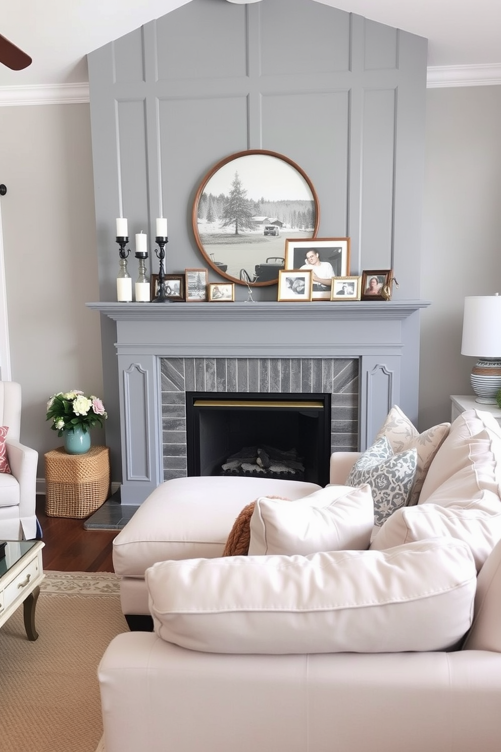 Elegant gray chaise lounge by window. The room features soft natural light filtering through sheer curtains, enhancing the cozy atmosphere. Plush gray area rug anchors the seating arrangement. A contemporary coffee table sits in front of the chaise lounge, adorned with stylish decor and a stack of design books.