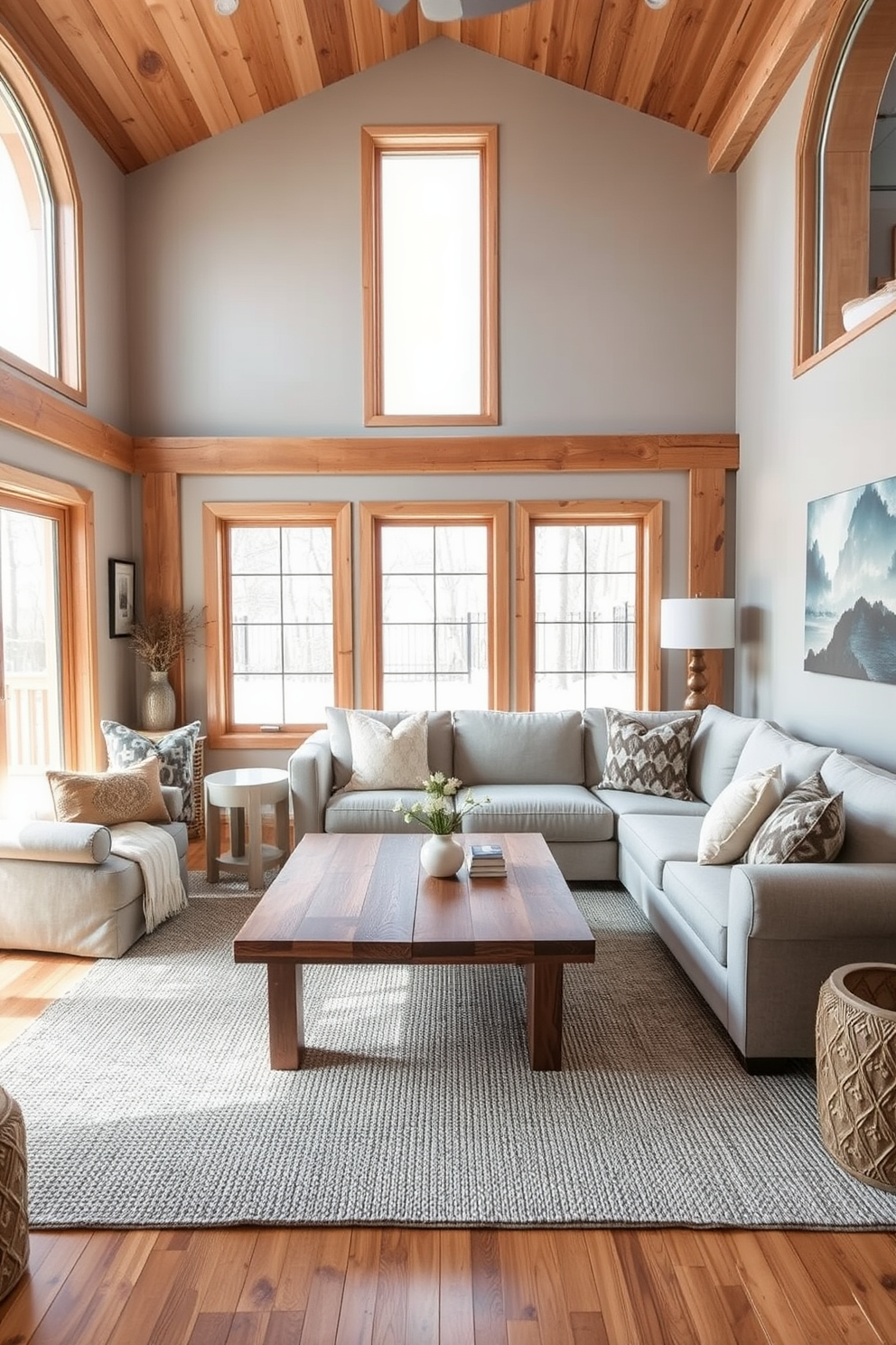 A cozy family room featuring natural wood elements and a soft gray color palette. The space includes a large sectional sofa upholstered in light gray fabric, complemented by a reclaimed wood coffee table at the center. Floor-to-ceiling windows allow natural light to flood the room, highlighting the warm tones of the wood accents. A textured area rug in a neutral shade anchors the seating area, while decorative pillows add a touch of comfort and style.