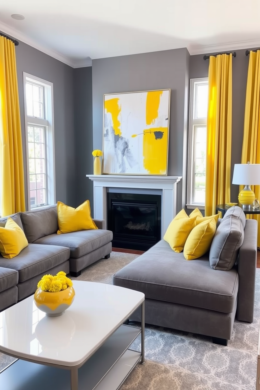 Bright yellow accents brighten up a sophisticated gray family room. The space features a plush gray sectional sofa adorned with vibrant yellow throw pillows and a sleek coffee table with a glossy finish. A large abstract artwork with yellow and gray tones hangs above the mantel, creating a focal point. Soft yellow curtains frame the windows, allowing natural light to flood the room and enhance the inviting atmosphere.