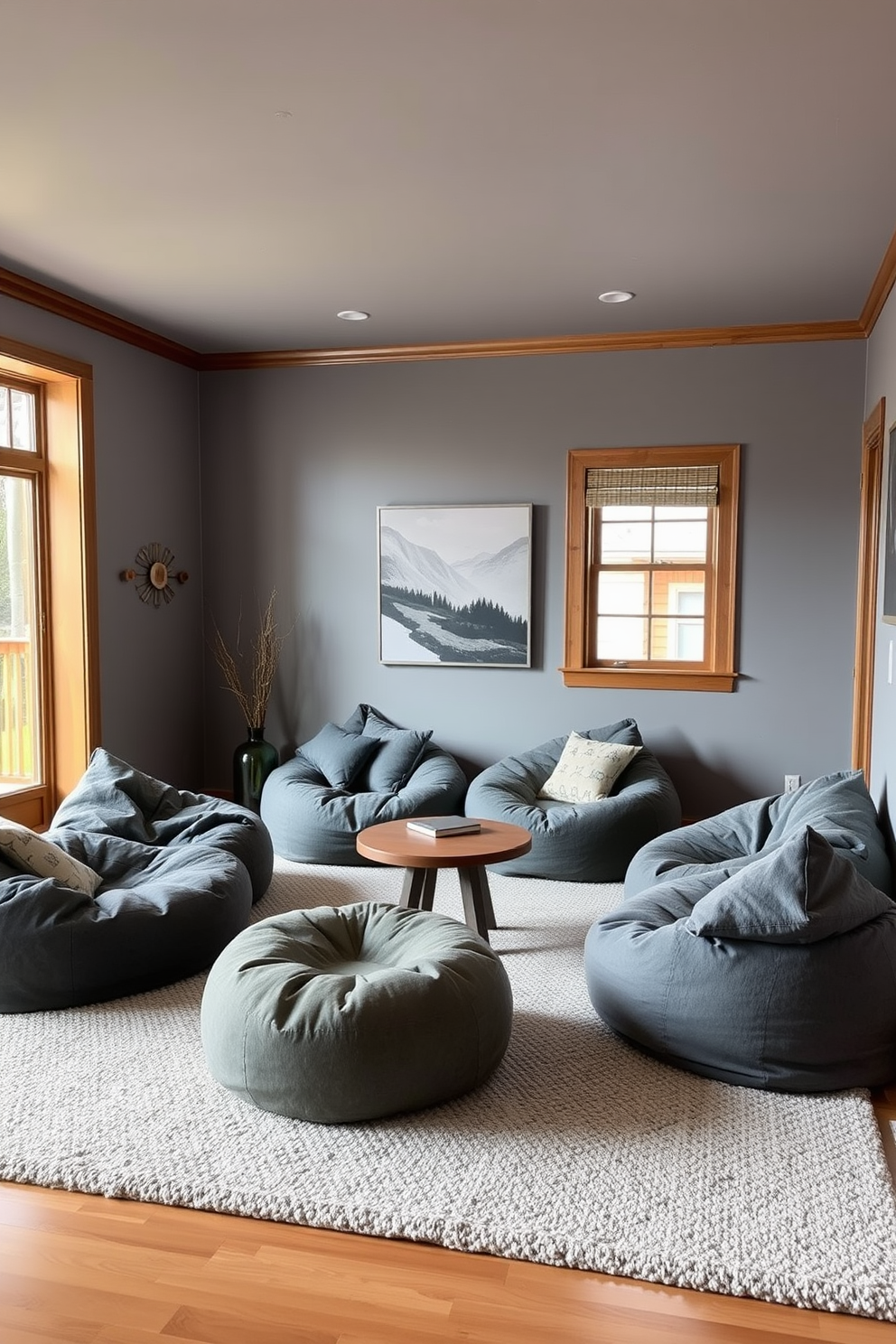 A cozy gray family room featuring multiple gray bean bags arranged in a casual seating layout. The walls are painted in a soft gray tone, complemented by warm wooden accents throughout the space.