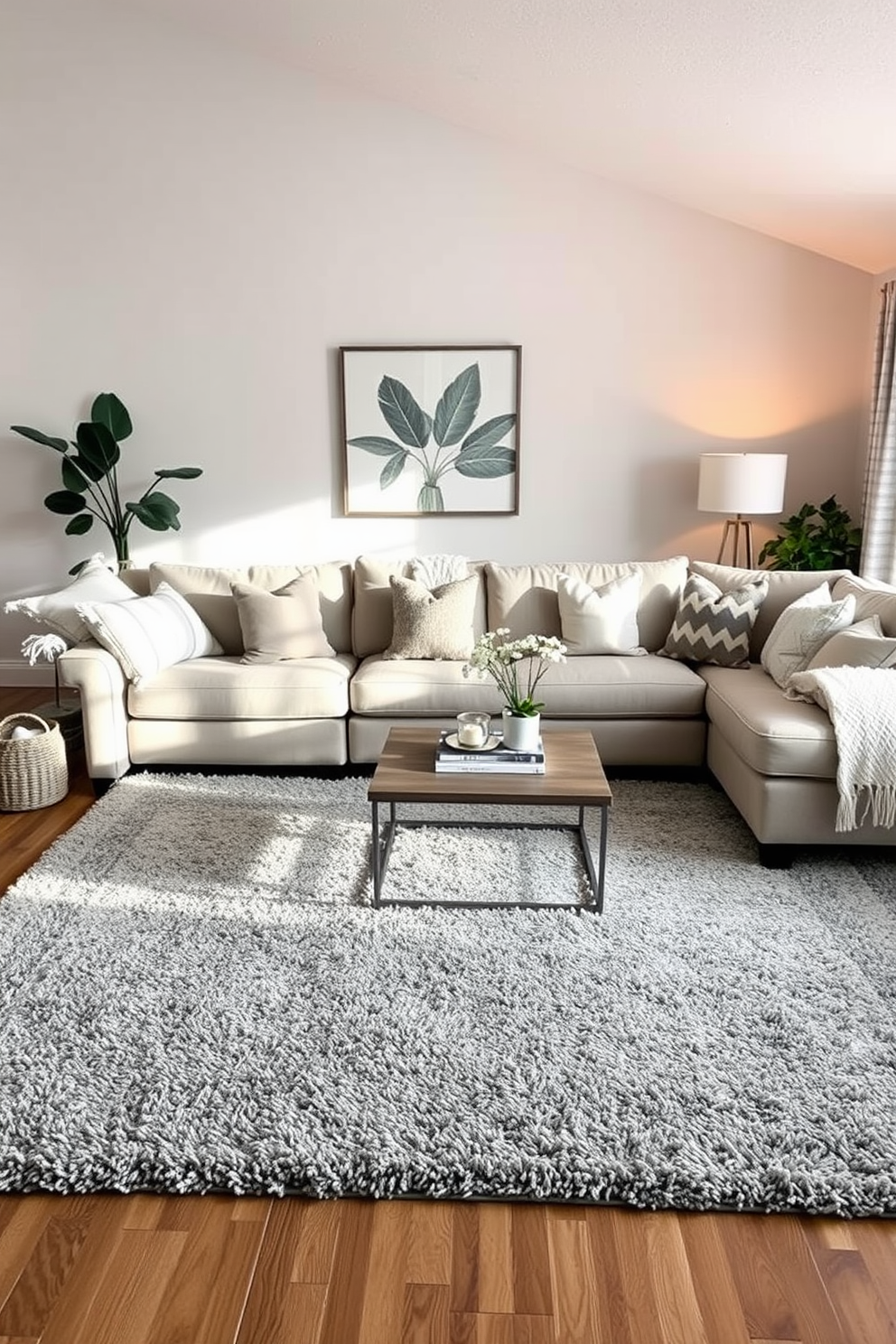 A cozy family room featuring layered gray rugs that add depth and texture to the space. The room includes a large sectional sofa adorned with soft throw pillows, a stylish coffee table, and warm ambient lighting.