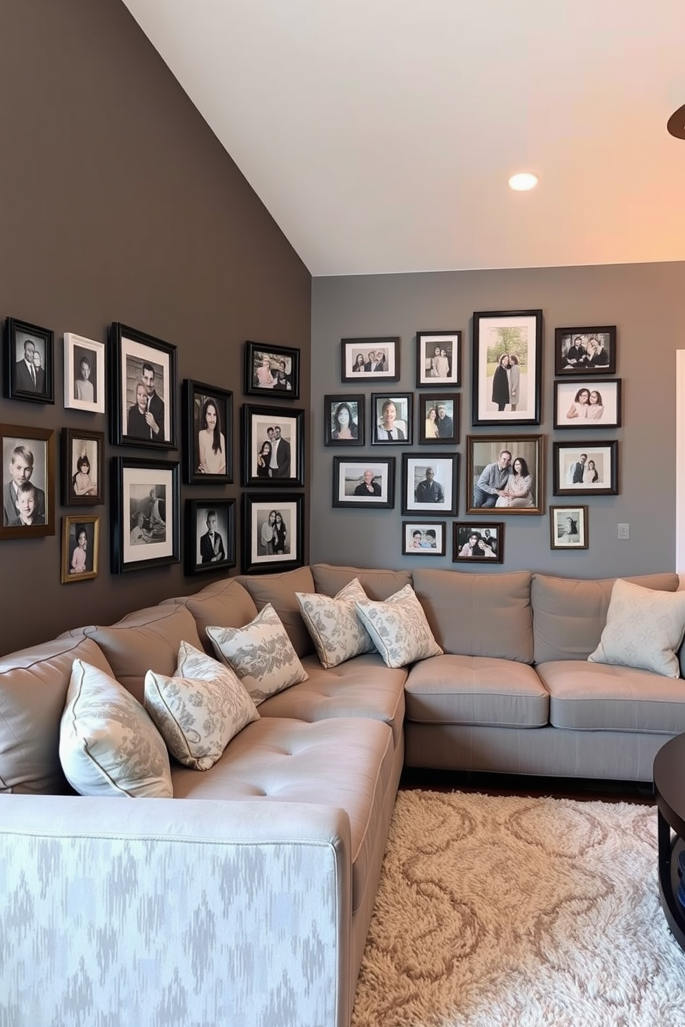 A cozy family room featuring a gray accent wall adorned with a curated collection of family photos in various frames. The room is furnished with a plush sectional sofa, complemented by a soft area rug and warm lighting to create an inviting atmosphere.