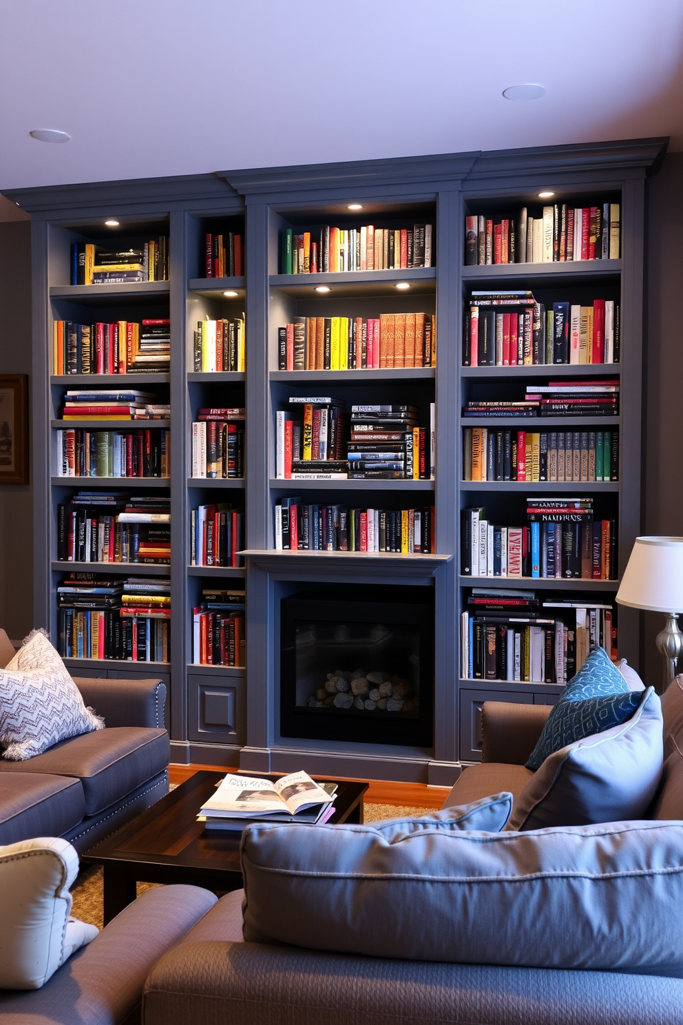 A modern family room featuring gray built-in shelves that provide ample storage and organization. The shelves are filled with books, decorative items, and family photos, creating a warm and inviting atmosphere.