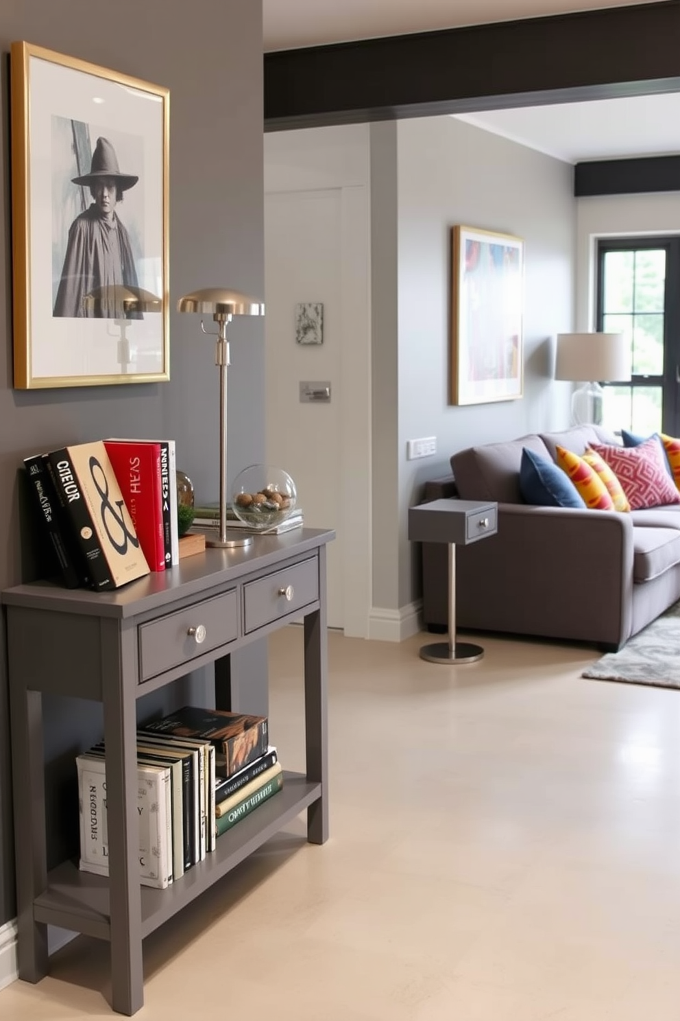 A stylish gray console table is positioned against the wall, adorned with decorative items such as a sleek lamp and a collection of art books. The family room features a cozy seating arrangement with a plush gray sofa and vibrant throw pillows, creating a welcoming atmosphere for relaxation and gatherings.