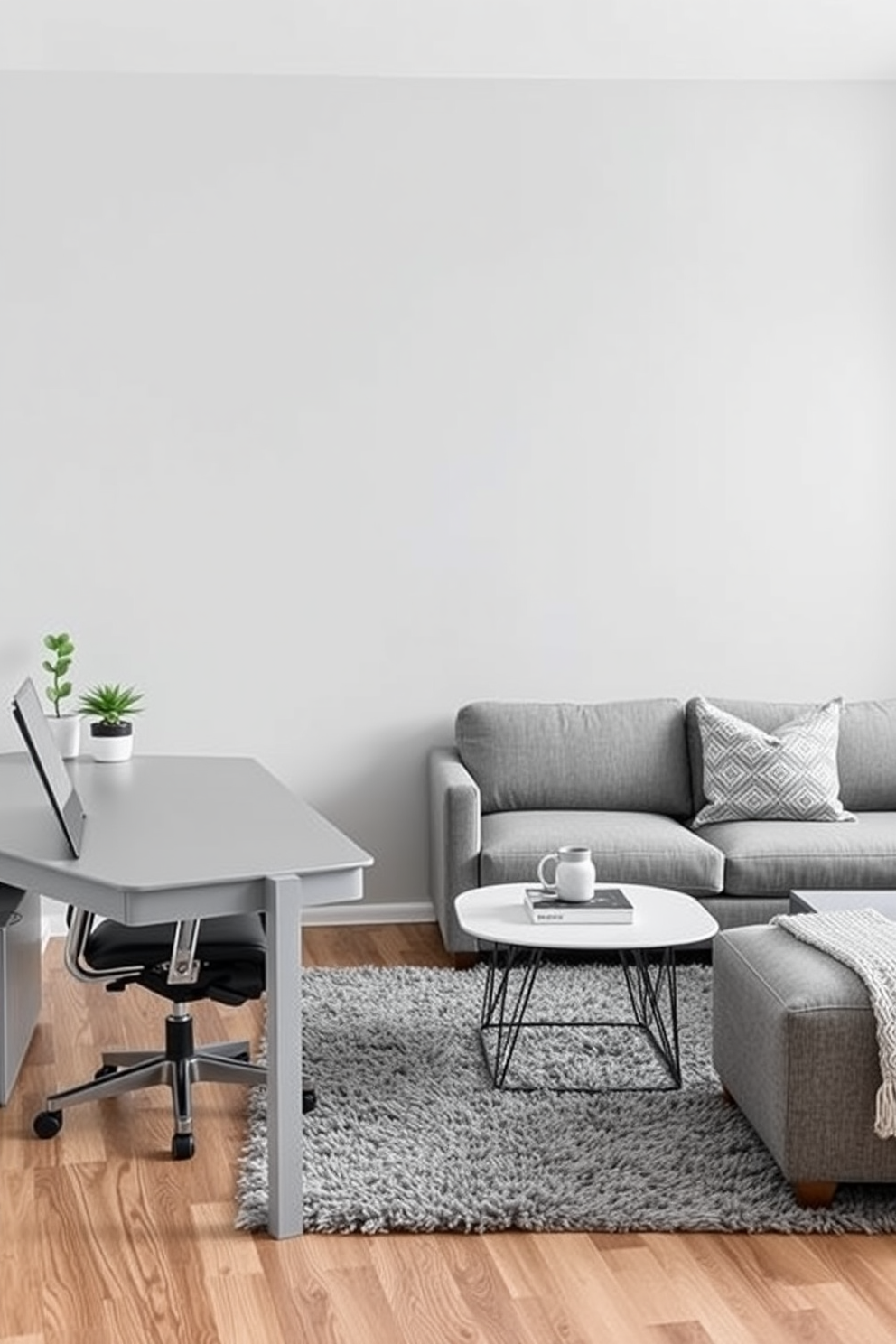 A stylish gray desk for a home office is positioned against a light gray wall. The desk features sleek lines and a minimalist design, complemented by a comfortable ergonomic chair and a decorative plant on the side. The gray family room design includes a cozy sectional sofa adorned with textured throw pillows. A modern coffee table sits in the center, surrounded by a plush area rug that adds warmth to the space.