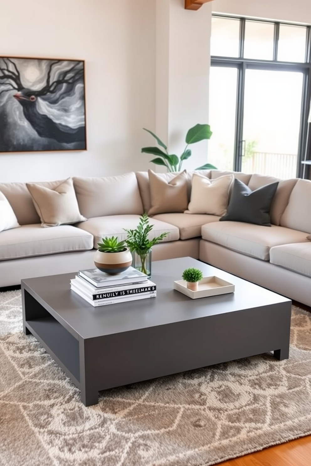 Layered gray textures create a cozy and inviting atmosphere in the family room. The space features a plush gray sectional sofa adorned with various textured throw pillows and a sleek metallic coffee table at the center. A soft area rug with subtle patterns anchors the seating area, while floor-to-ceiling curtains in a light gray hue frame the large windows. Accent lighting with metallic finishes adds a touch of elegance, highlighting the room's sophisticated design.