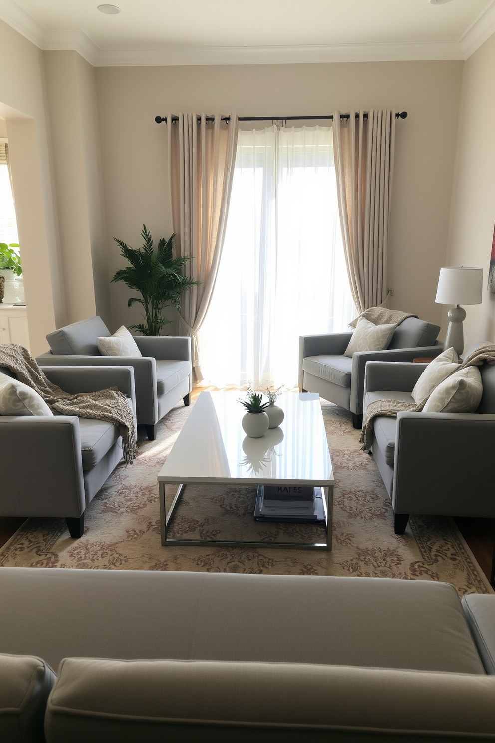 A modern family room featuring open shelves adorned with a mix of gray and white decor items. The walls are painted a soft gray, and a plush white sectional sofa is positioned in the center of the room, complemented by a stylish area rug.