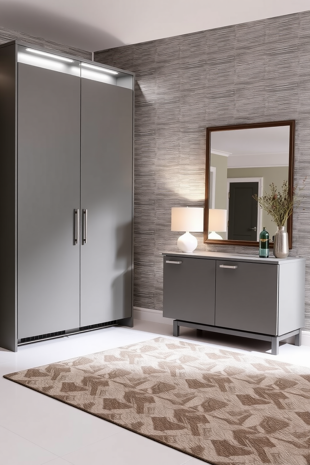 A stylish foyer featuring textured gray throw blankets draped elegantly over a modern bench. The walls are painted in a soft gray hue, complemented by a sleek console table adorned with decorative accents.