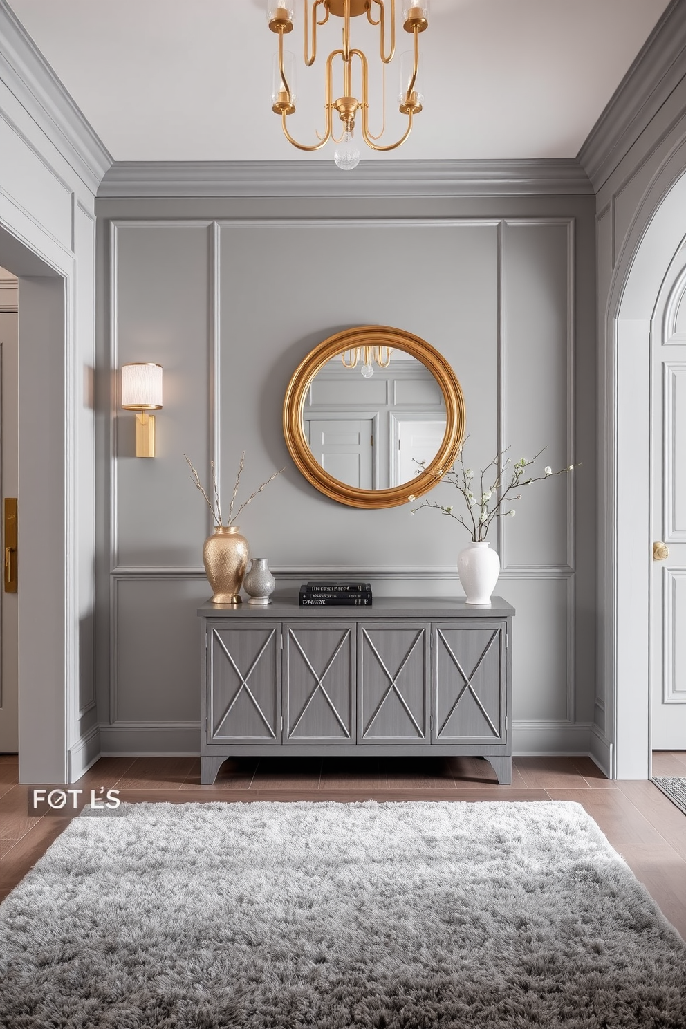 A bright gray foyer featuring a striking yellow accent wall creates an inviting atmosphere. The floor is adorned with large gray tiles, while a sleek yellow console table stands against the wall, topped with decorative elements.