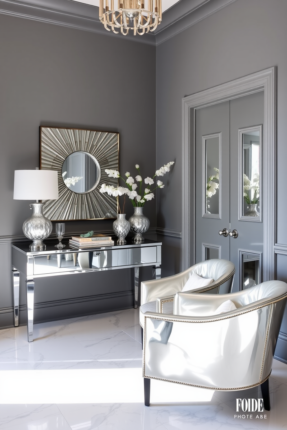 A bright gray and blue foyer featuring a sleek console table against the wall. Above the table, a large round mirror with a blue frame reflects natural light, enhancing the airy atmosphere.