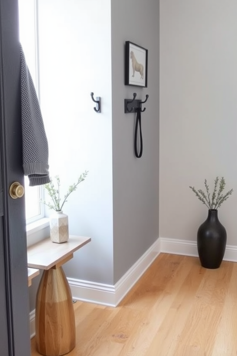 A stylish gray foyer features a minimalist design with sleek gray coat hooks mounted on the wall, providing a functional yet elegant touch. The floor is adorned with a light-colored wood, complementing the gray tones and creating a welcoming atmosphere.