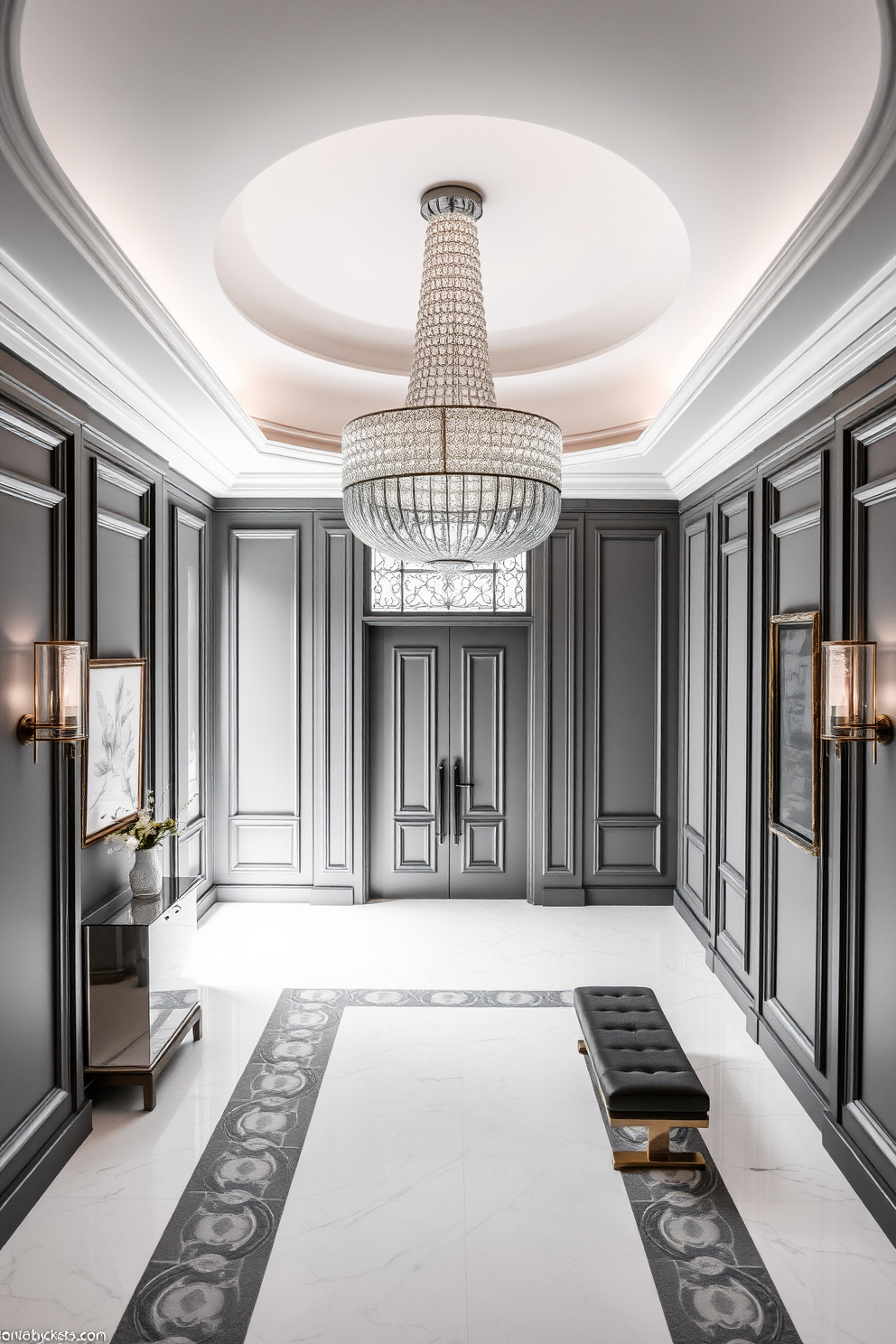 A dramatic foyer design featuring a gray and black color scheme. The walls are painted a deep charcoal gray, complemented by a sleek black console table adorned with a stylish vase. A large, abstract black and white artwork hangs prominently on the wall, creating a striking focal point. The flooring consists of polished black tiles that reflect the light, enhancing the overall elegance of the space.