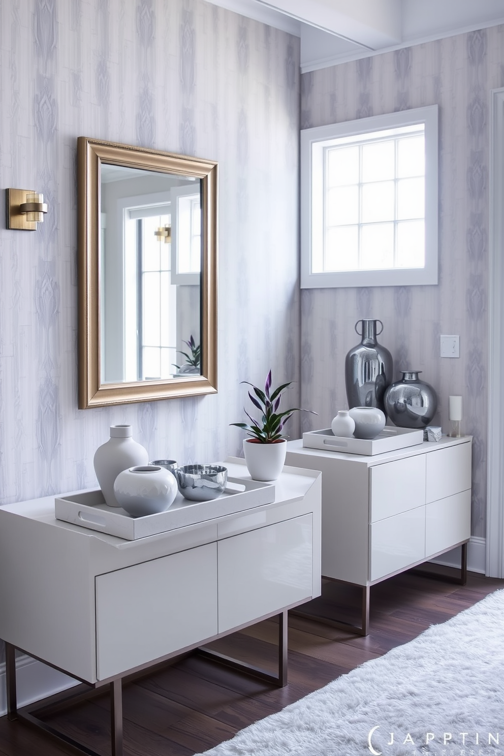 A welcoming foyer featuring a combination of gray tones and warm wooden accents. The walls are painted in a soft gray, complemented by a rich wooden console table against one side. A large round mirror with a wooden frame hangs above the console, reflecting natural light from a nearby window. A cozy area rug in neutral tones lies on the floor, adding texture and warmth to the space.