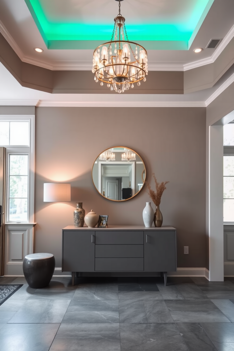 A stunning foyer featuring gray and white geometric wallpaper that creates a modern and stylish atmosphere. The space is enhanced by a sleek console table with a minimalist design, complemented by a large round mirror above it. Elegant lighting fixtures hang from the ceiling, casting a warm glow across the room. A plush area rug in neutral tones adds comfort and sophistication to the gray and white color scheme.