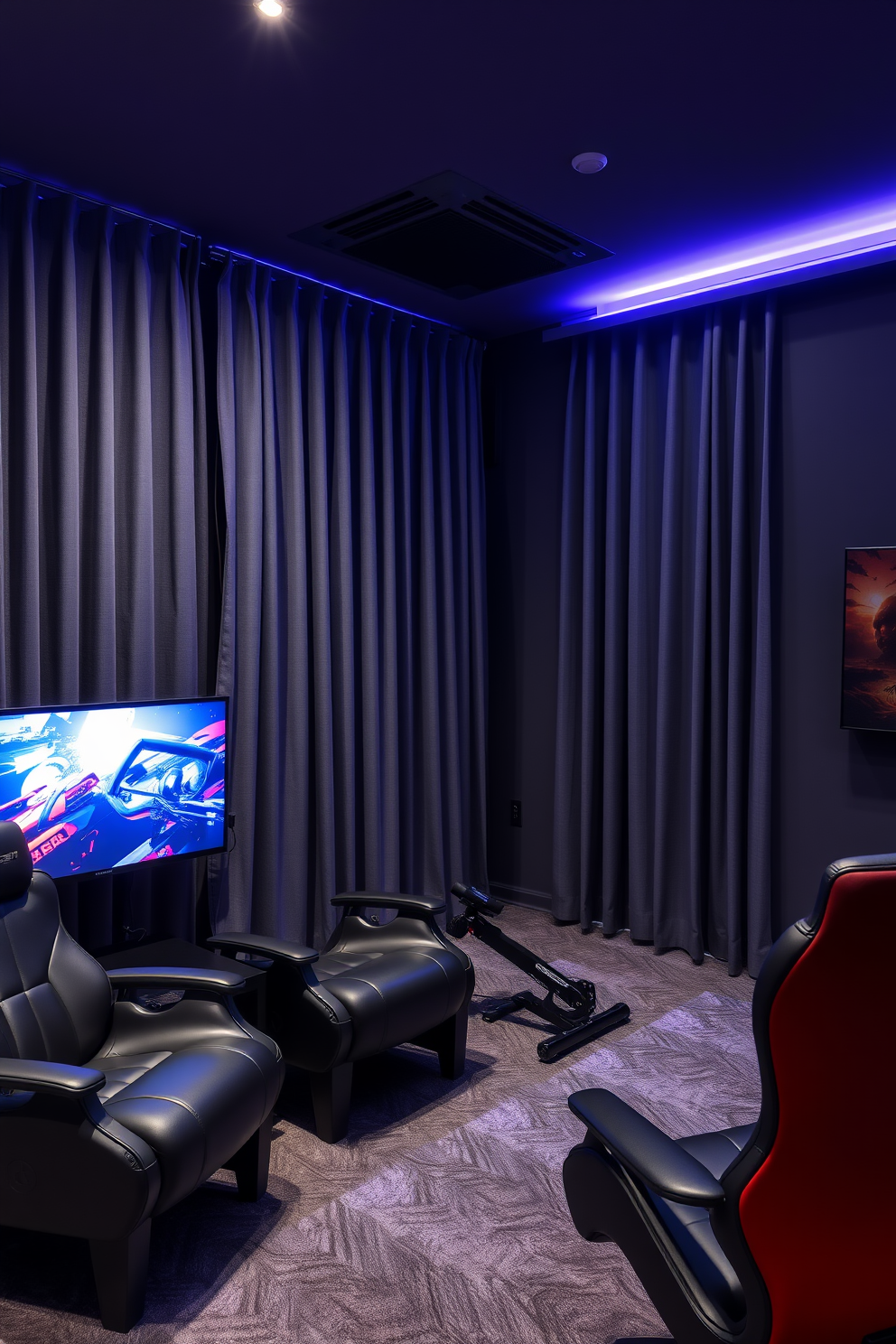 A modern game room designed for optimal acoustics features soundproof gray curtains that enhance the overall ambiance. The walls are painted in a deep charcoal shade, complemented by sleek gaming furniture and ambient LED lighting.