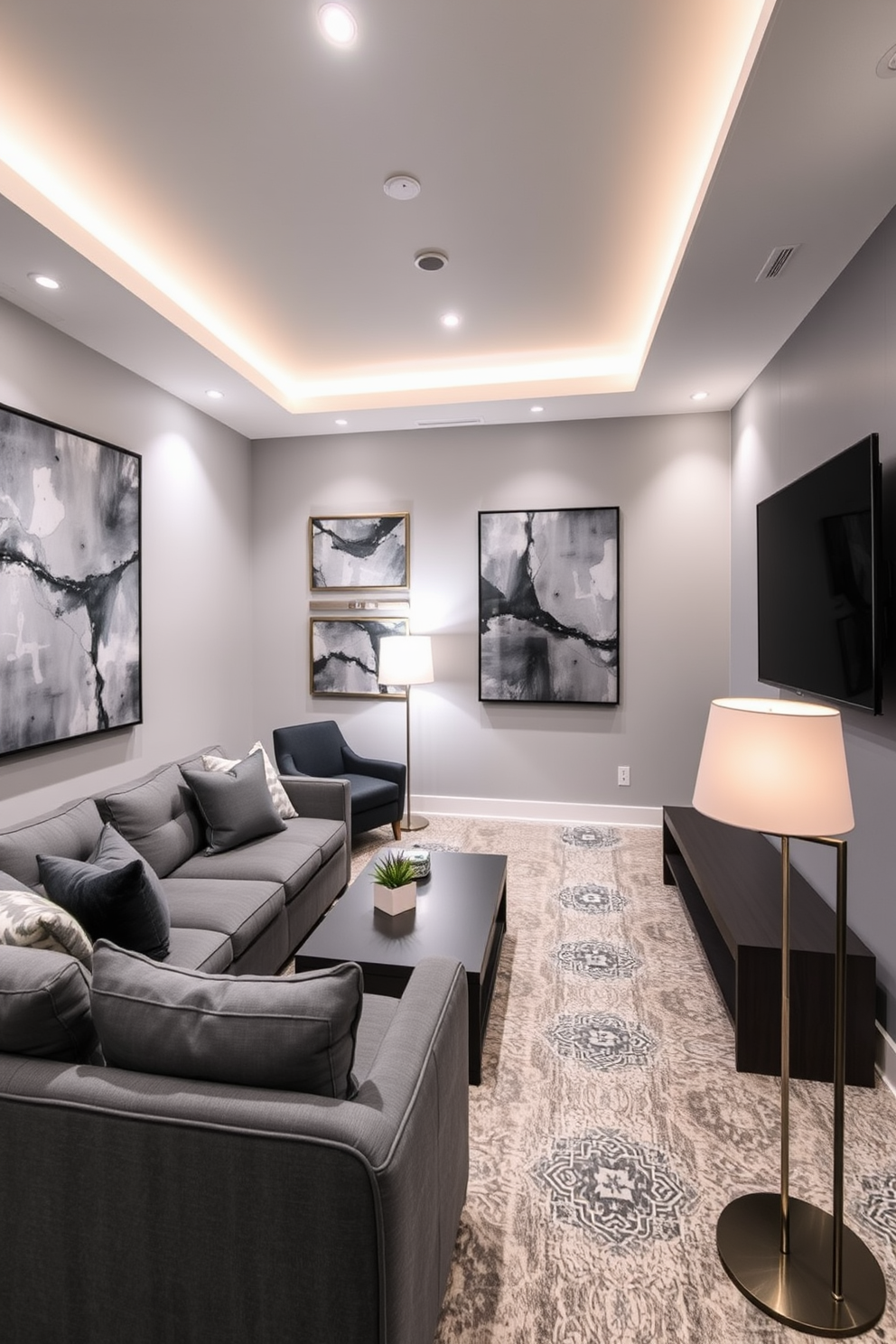 A stylish game room featuring gray-themed wall art that enhances the overall aesthetic. The room includes a plush gray sectional sofa, a sleek coffee table, and a large flat-screen TV mounted on the wall. The decor features framed abstract art pieces in varying shades of gray, creating a cohesive look. Soft lighting from modern floor lamps adds warmth to the space, making it inviting for both gaming and relaxation.