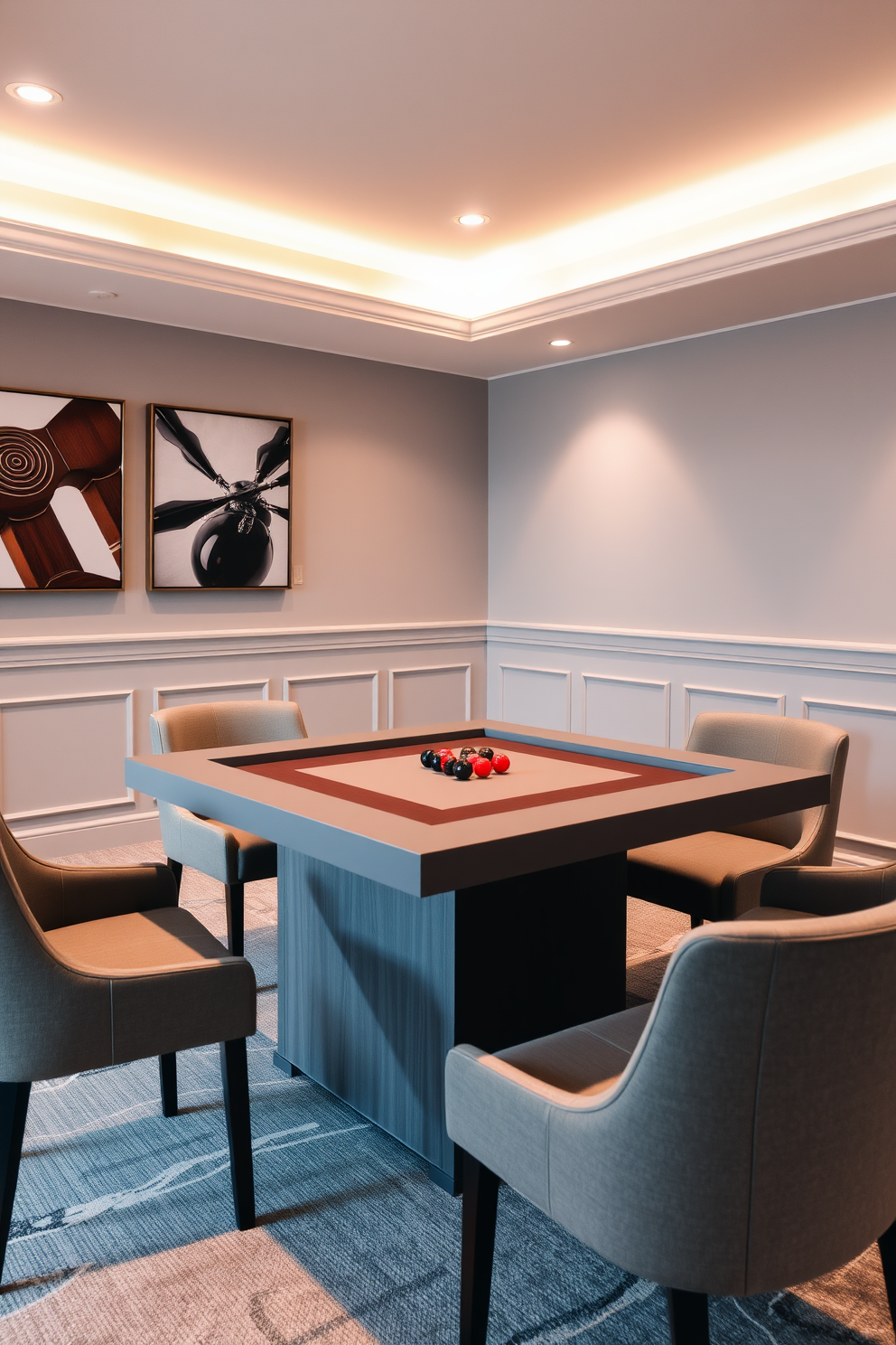 A stylish game room featuring a game table with a sleek gray finish surrounded by matching chairs. The walls are painted in a soft gray hue, complemented by warm lighting that creates an inviting atmosphere.