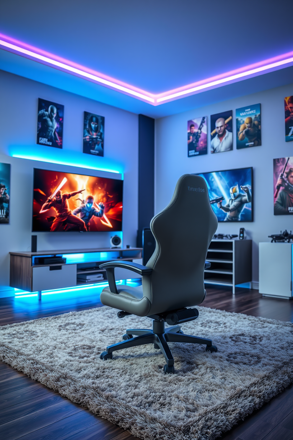 A sleek gray gaming chair designed for ergonomic support sits prominently in the center of a modern game room. The walls are adorned with vibrant gaming posters, and the room features ambient LED lighting that enhances the immersive atmosphere. A large flat-screen television is mounted on one wall, complemented by a stylish entertainment unit. The floor is covered with a plush area rug, providing comfort during long gaming sessions while adding a touch of warmth to the space.