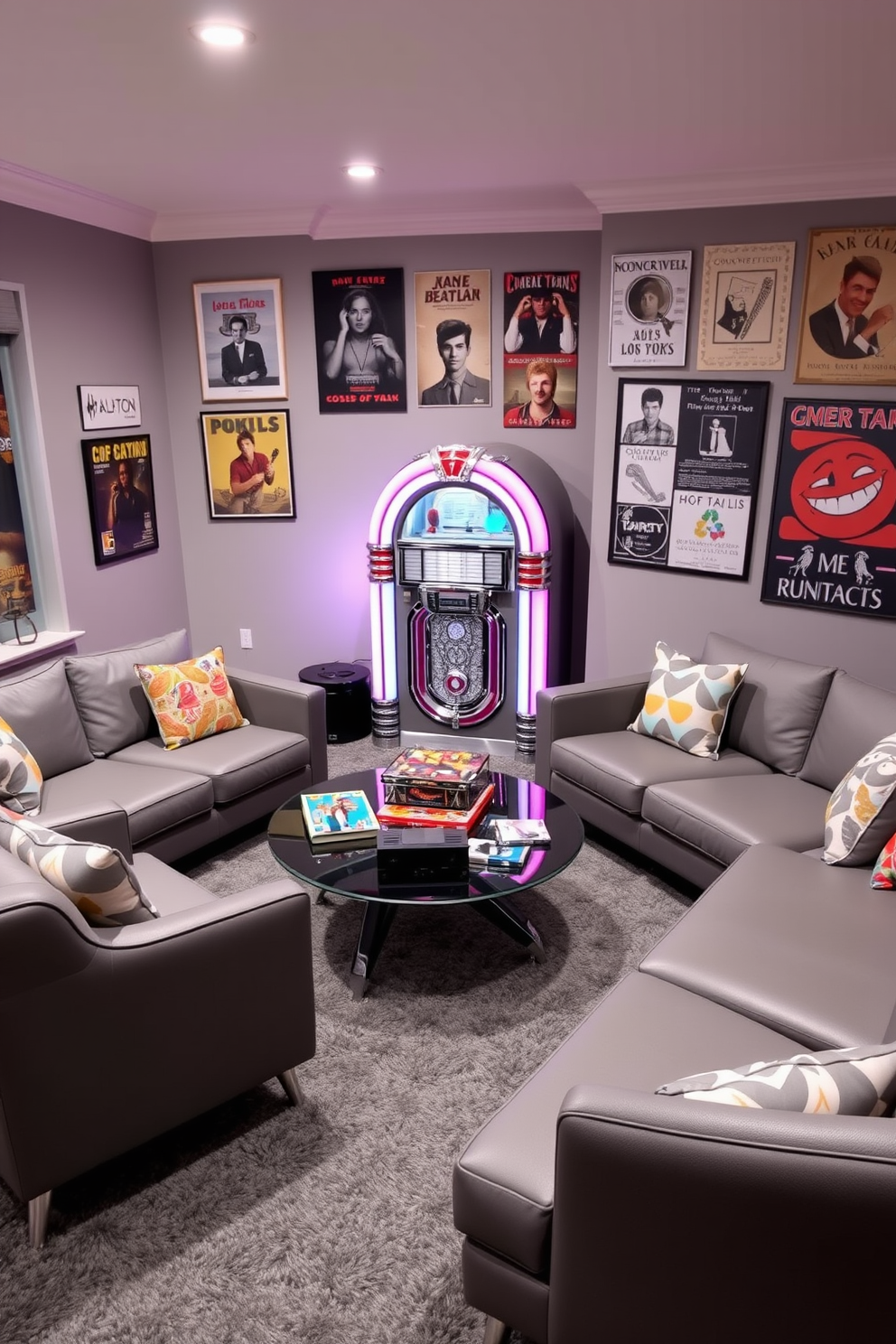 A retro jukebox with gray accents stands prominently in the corner of a stylish game room. The walls are adorned with vintage posters and the floor is covered with a plush gray carpet that complements the jukebox's color scheme. The seating area features sleek gray sofas with colorful throw pillows, inviting comfort and relaxation. A modern coffee table sits in the center, surrounded by a selection of classic board games and a sleek gaming console.