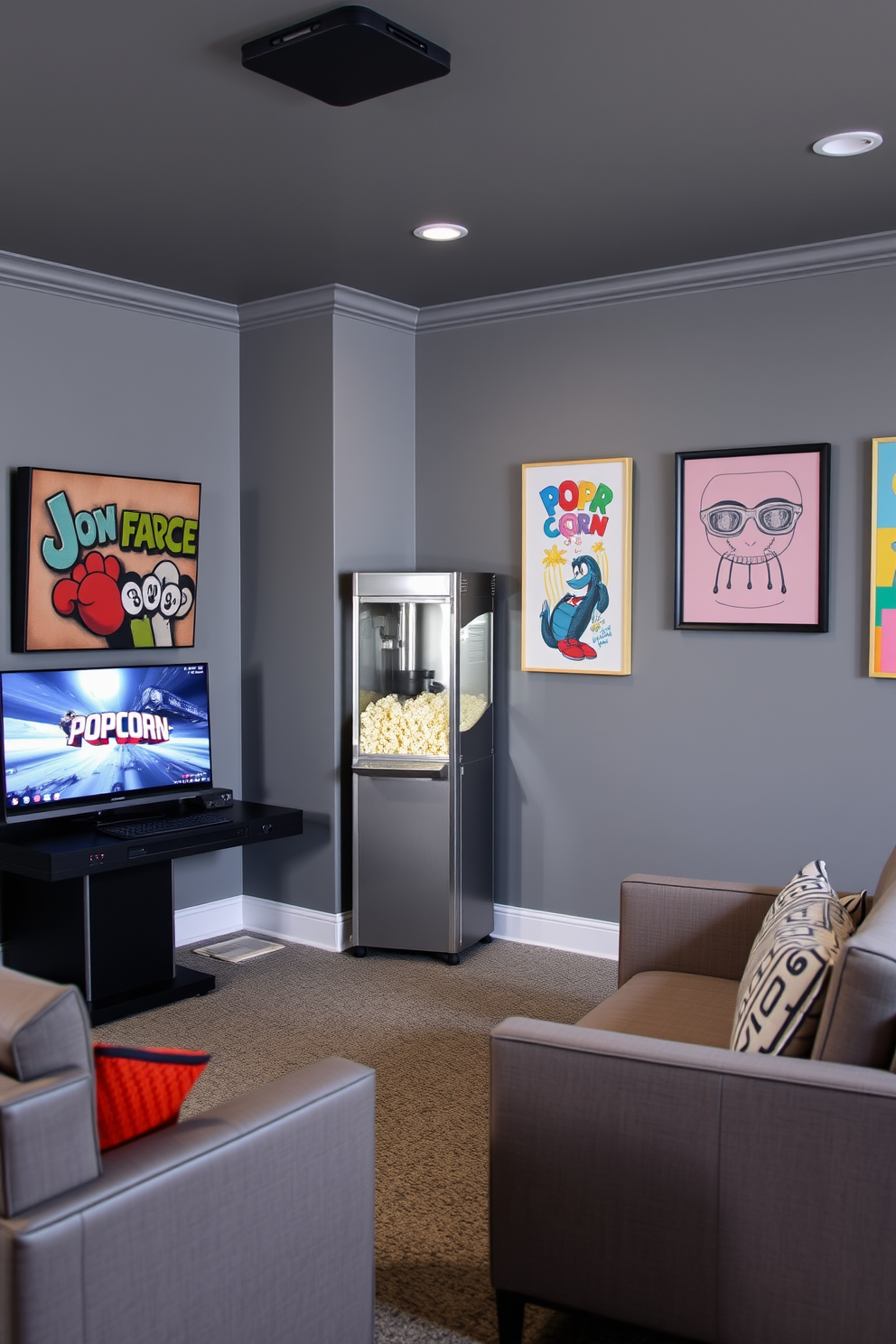 A stylish gray game room featuring a vintage popcorn machine in a cozy corner. The room is adorned with comfortable seating, a sleek gaming console, and vibrant wall art that adds a playful touch.