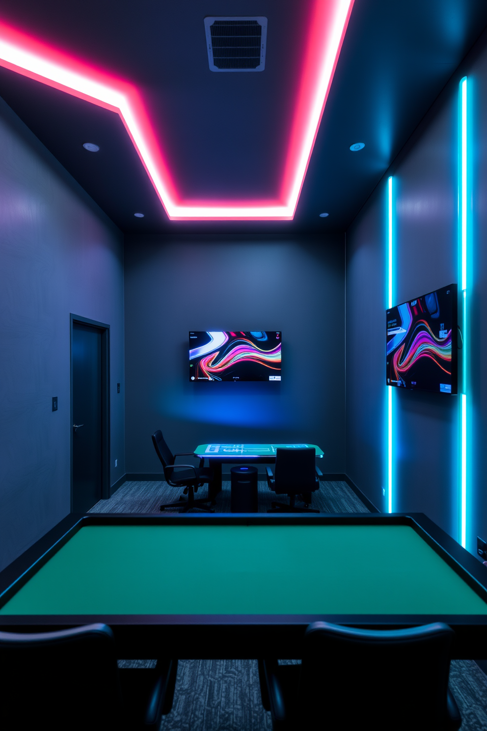 A sleek game room featuring a modern gray color palette. Neon accent lights illuminate the space, creating a vibrant atmosphere that enhances the gaming experience.