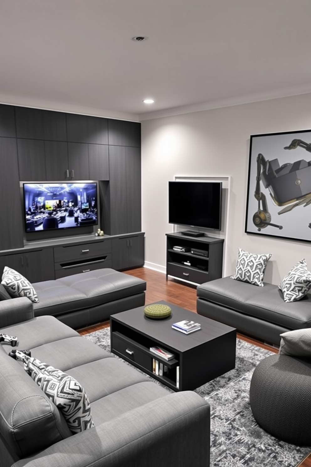 A stylish game room featuring multi-functional furniture in various shades of gray. The room includes a sleek gray sectional sofa that converts into a bed, paired with a modern coffee table that doubles as storage. A wall-mounted entertainment unit in a darker gray houses a large flat-screen TV and gaming consoles. Accent pillows and a cozy gray area rug add warmth and comfort to the space, creating an inviting atmosphere for relaxation and play.