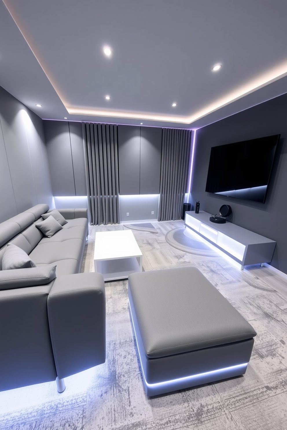 A modern game room featuring gray furniture with LED strip lights illuminating the edges. The space includes a sleek gray sectional sofa, a minimalist coffee table, and a large flat-screen TV mounted on the wall.