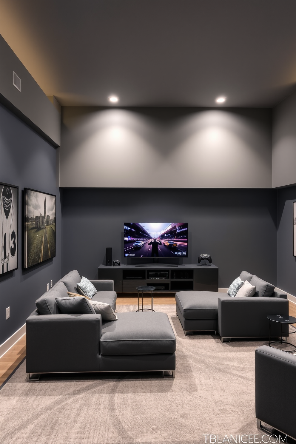 A stylish game room featuring gray paint with both matte and glossy finishes. The walls are adorned with contemporary art, and sleek gaming consoles are neatly arranged on a modern media unit. Comfortable seating options include a plush sectional couch in a complementary shade of gray. A large area rug anchors the space, while ambient lighting creates a cozy atmosphere for gaming and relaxation.