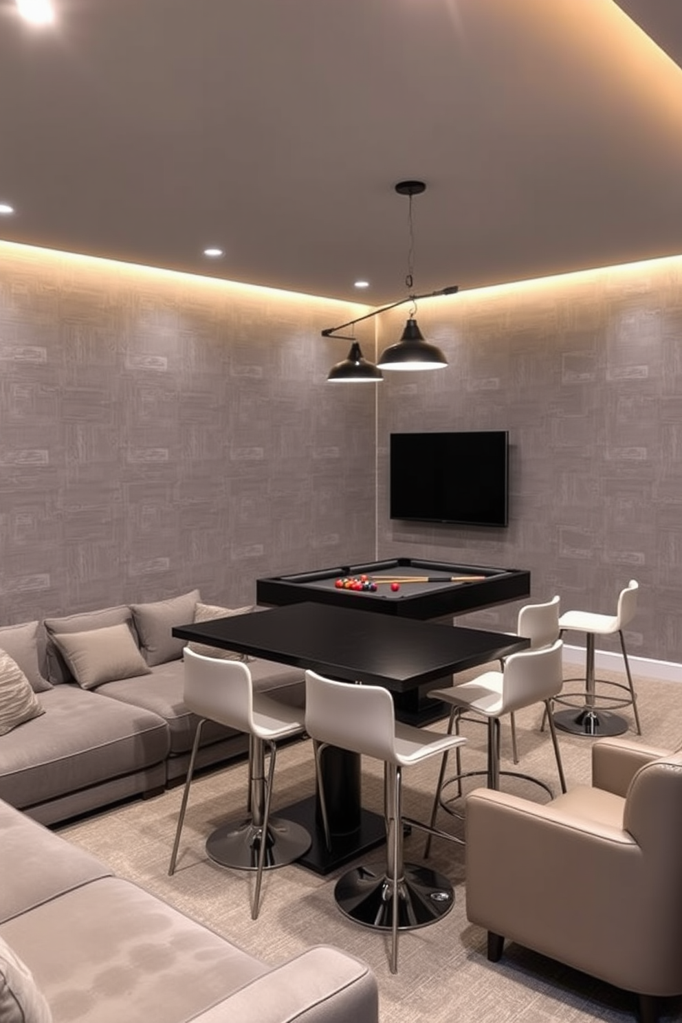 A stylish game room featuring gray wallpaper with a subtle texture that adds depth to the space. The room is furnished with a plush sectional sofa in a complementary shade, creating a cozy area for relaxation and entertainment. A sleek pool table occupies the center of the room, surrounded by modern bar stools that invite friendly competition. Ambient lighting fixtures hang above, casting a warm glow that enhances the inviting atmosphere.