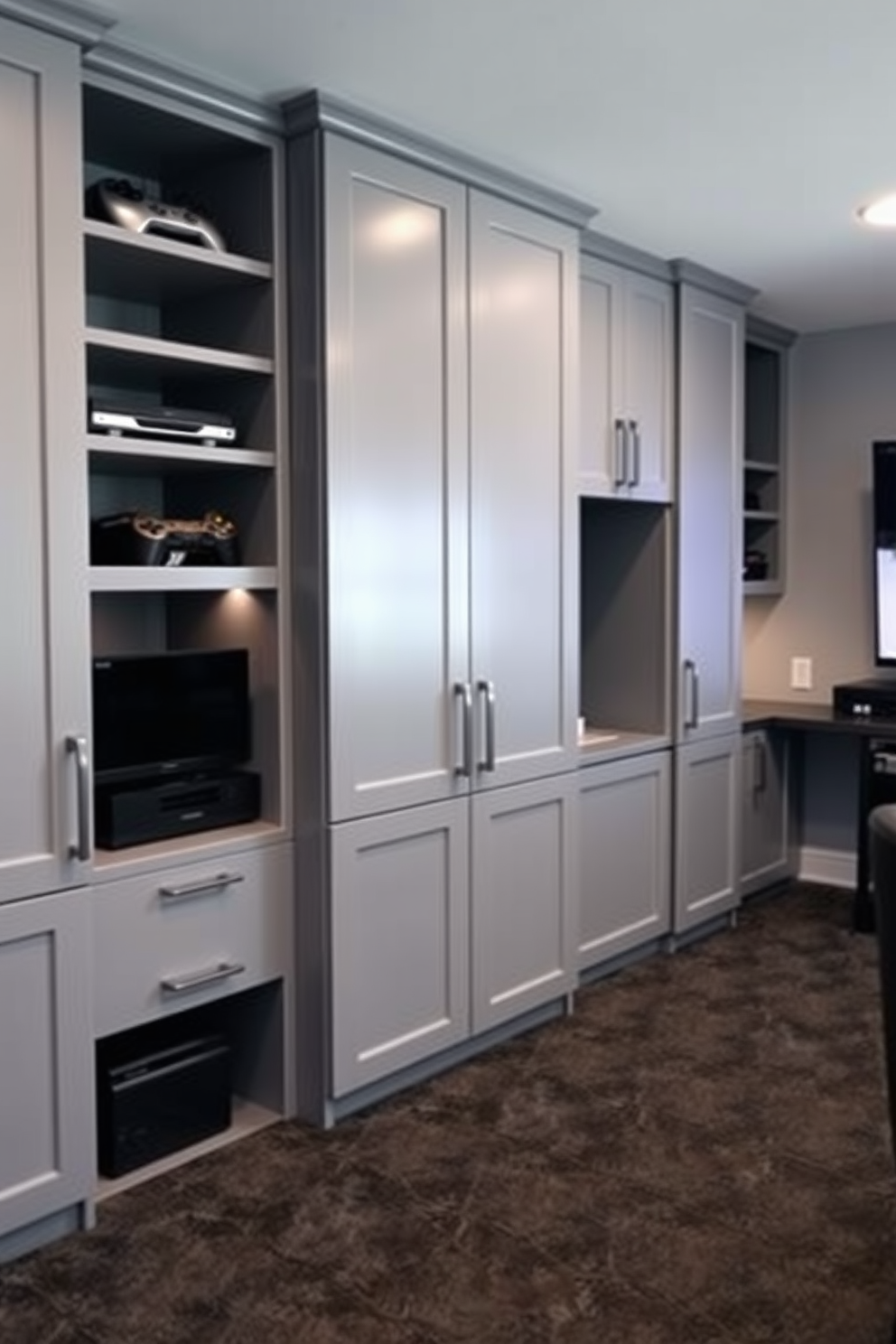 A modern game room featuring sleek gray cabinets designed for optimal game console storage. The walls are painted in a soft gray tone, and the floor is covered with a plush dark carpet to enhance comfort.