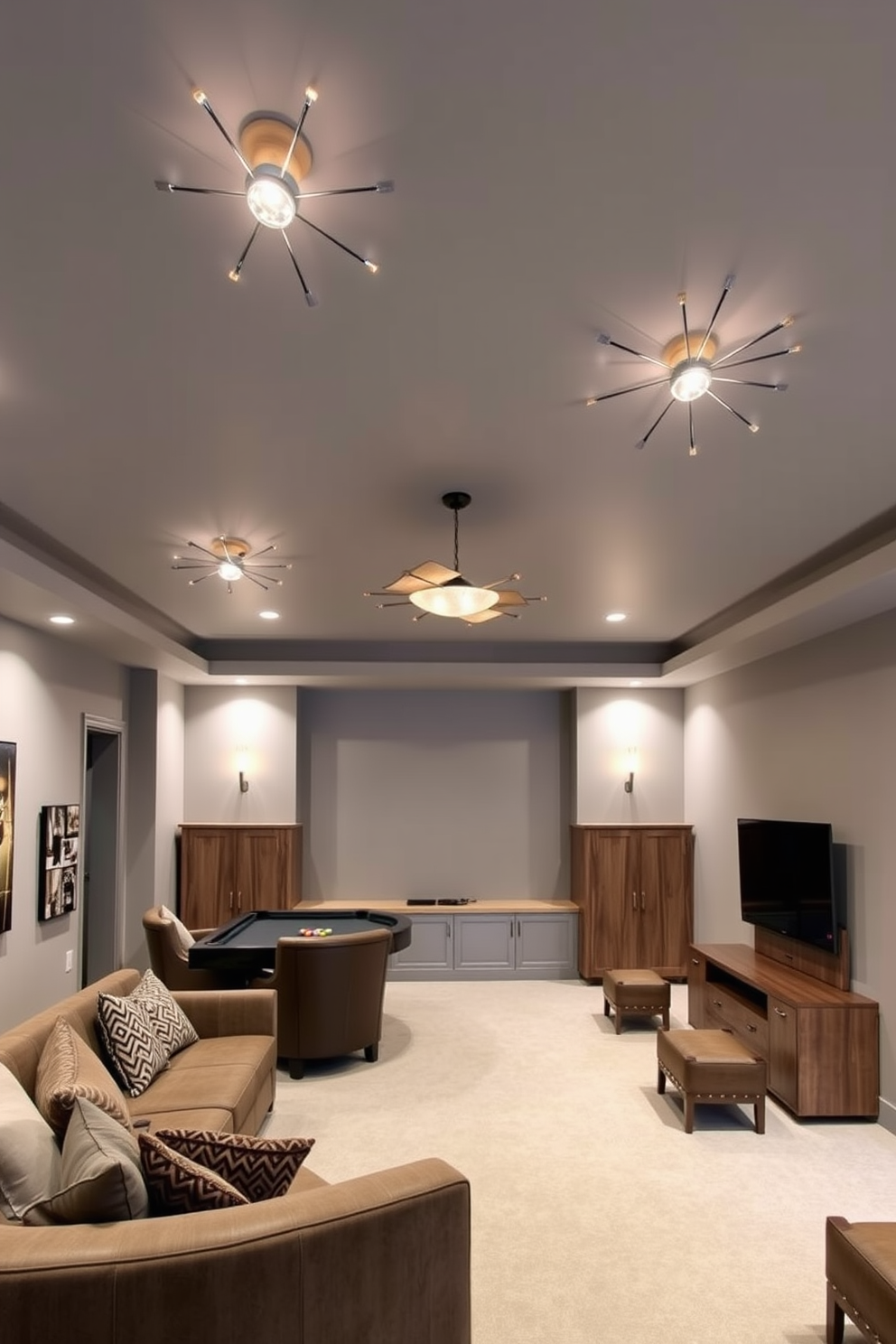 A contemporary game room featuring a gray ceiling adorned with unique and artistic lighting fixtures that enhance the ambiance. The walls are painted in a soft gray hue, complemented by plush seating arrangements and a sleek entertainment center.