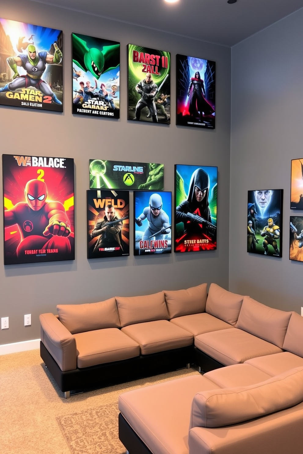 A modern game room featuring gray walls adorned with vibrant gaming posters that showcase popular video games. The space is equipped with a large sectional sofa in a contrasting color, perfect for lounging during gaming sessions.