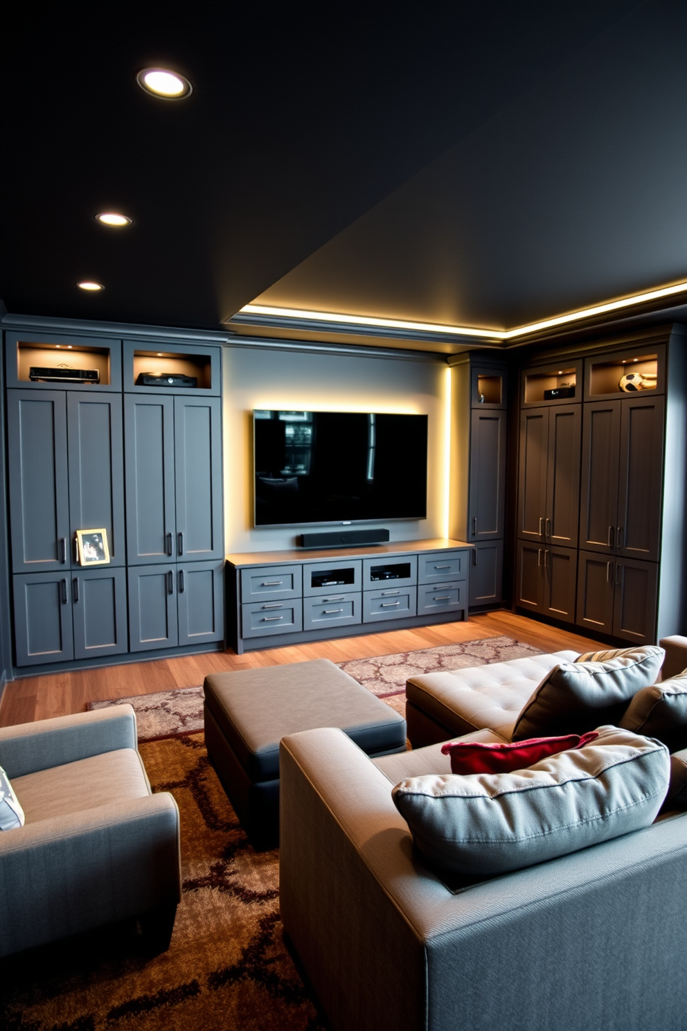 A sleek game room featuring custom gray cabinetry designed to house gaming gear and accessories. The walls are painted in a deep charcoal color, complemented by ambient LED lighting that highlights the cabinetry. Comfortable seating includes a sectional sofa upholstered in a soft gray fabric, arranged around a low coffee table. A large wall-mounted screen serves as the focal point, perfect for gaming and movie nights.