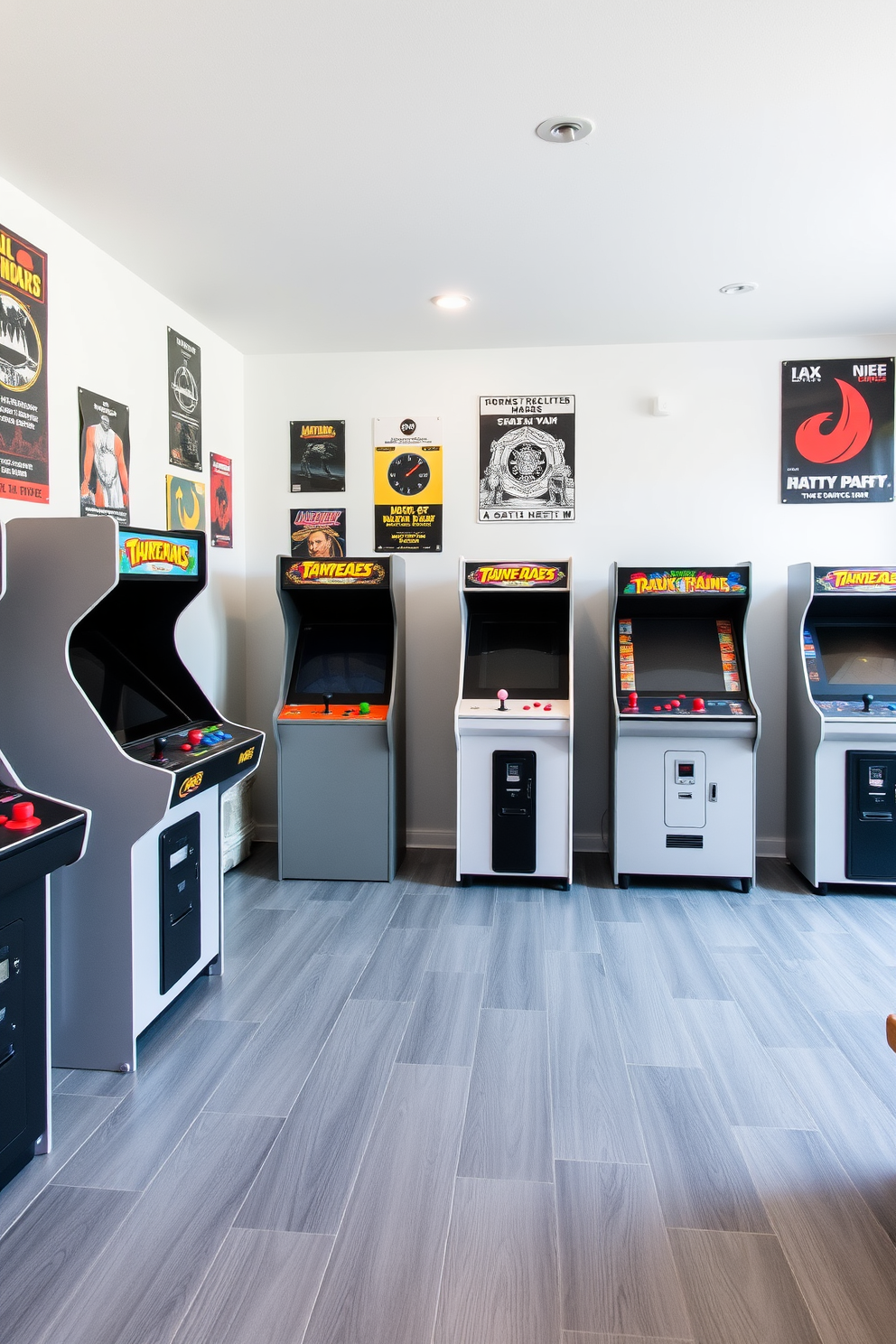 A stylish game room featuring vintage arcade machines in various shades of gray. The walls are adorned with retro posters, and the flooring is a sleek gray laminate that complements the machines.