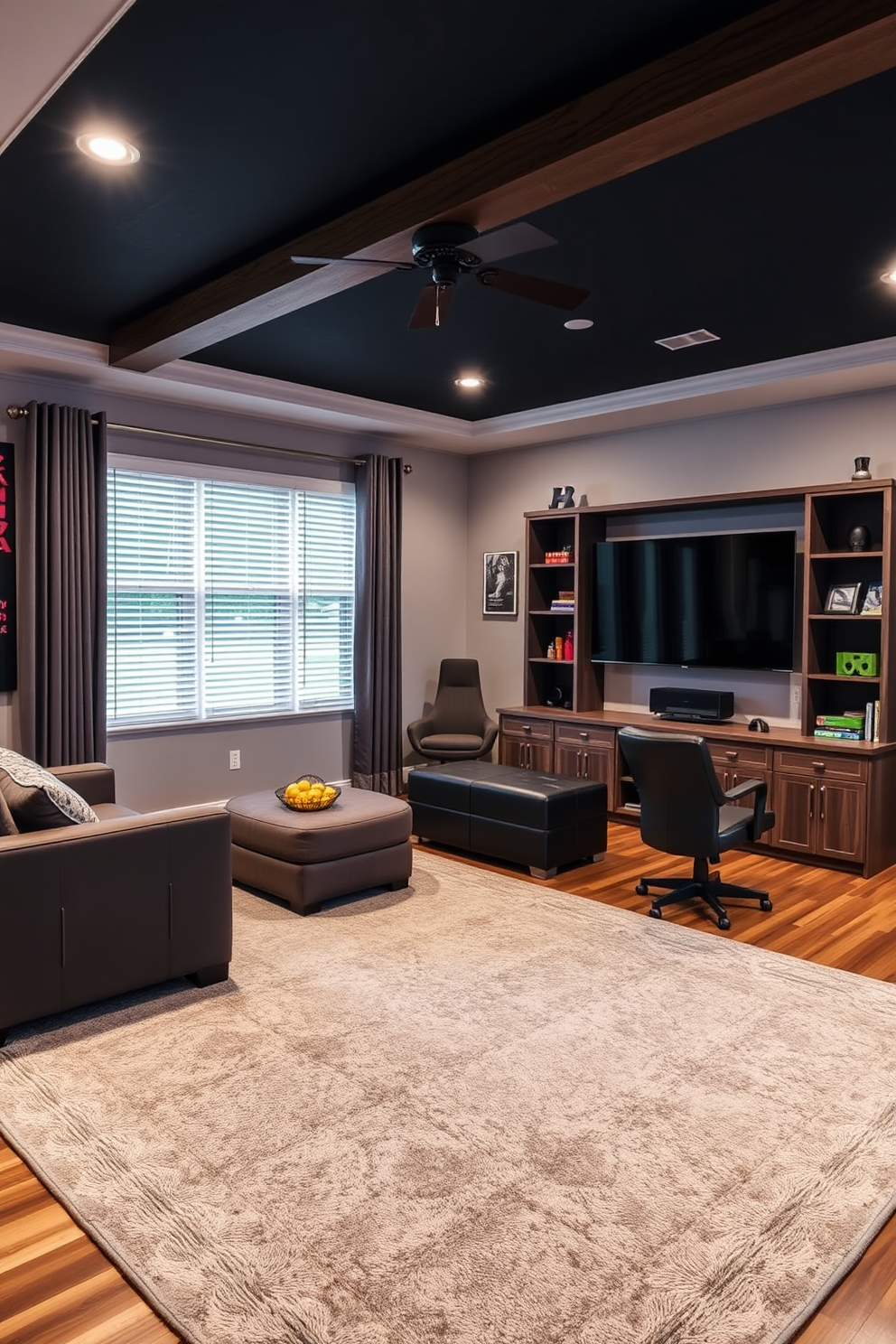 A cozy game room featuring a soft gray area rug that adds warmth to the space. The room is designed with comfortable seating arrangements and a large entertainment center for gaming and relaxation.