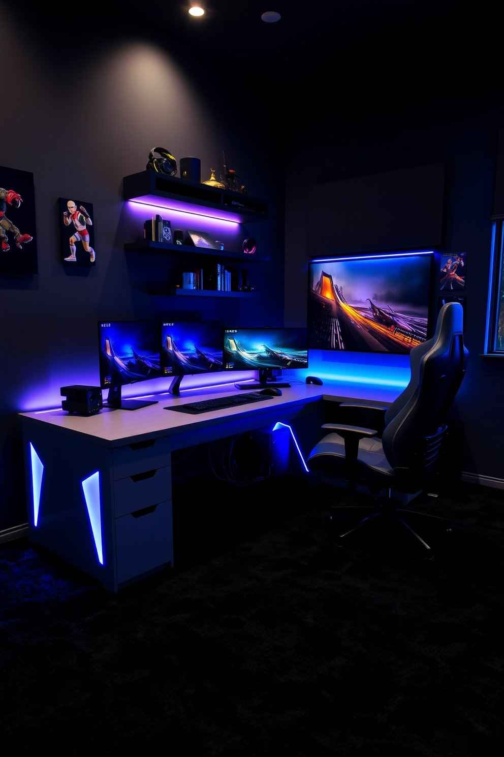 A modern gaming desk setup featuring a sleek gray and black desk with built-in LED lighting. The room is designed with dark walls and a plush black carpet, complemented by a comfortable gaming chair and dual monitors on the desk. The decor includes wall-mounted shelves displaying gaming collectibles and ambient lighting that enhances the atmosphere. A large window allows natural light to filter in, creating a perfect balance between functionality and style in the gaming space.