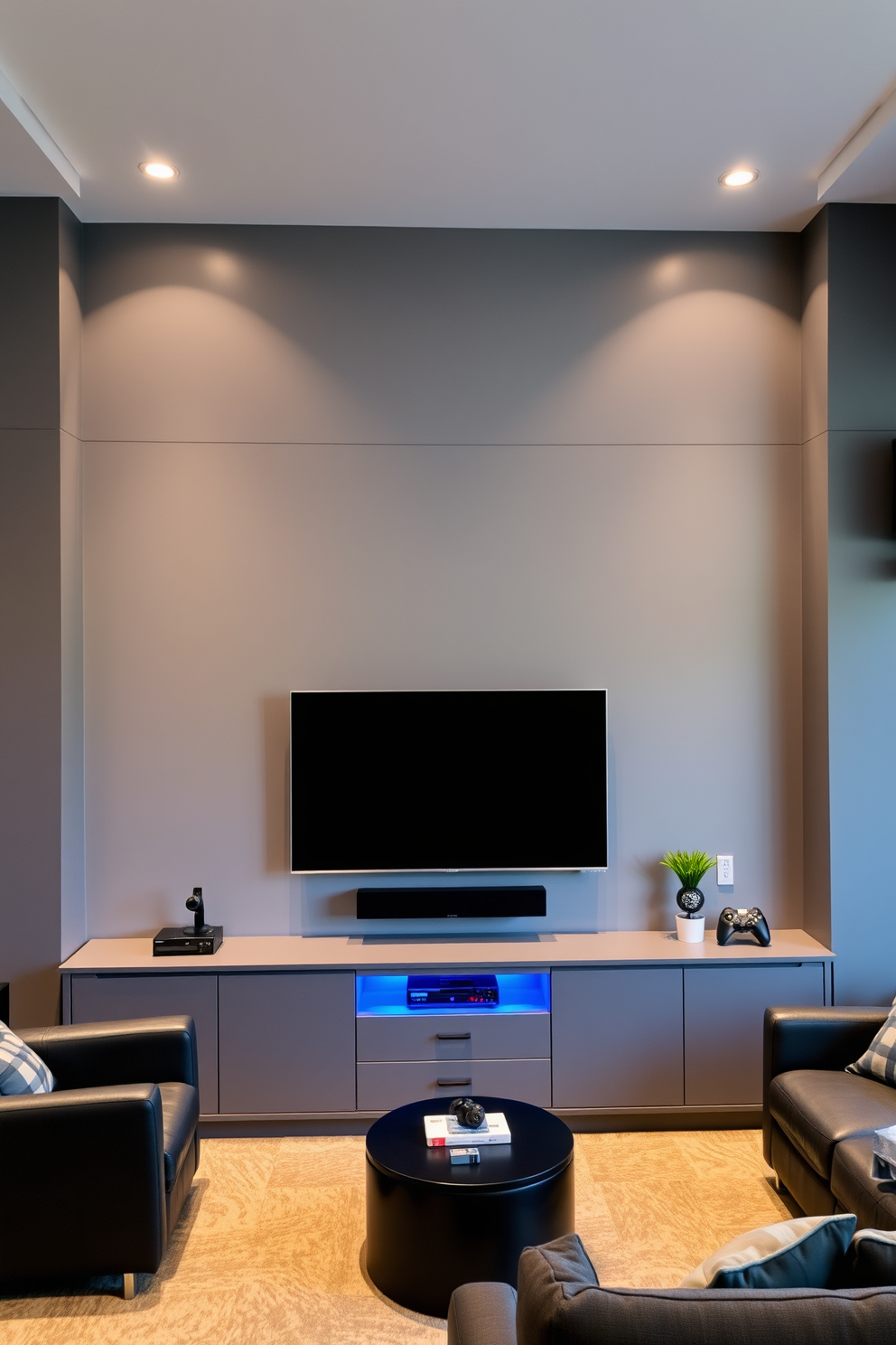 A modern game room featuring a wall-mounted TV above a sleek gray entertainment unit. The space is designed with comfortable seating, ambient lighting, and playful decor elements that enhance the gaming experience.