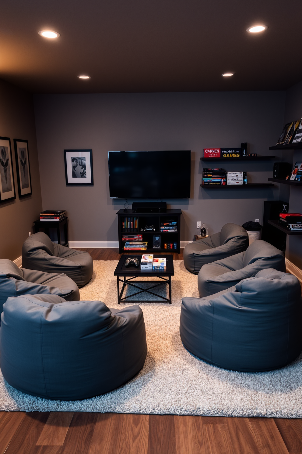 A cozy game room features multiple gray bean bags arranged around a low coffee table. The walls are adorned with framed artwork and the floor is covered with a plush area rug for added comfort. Soft ambient lighting creates a relaxed atmosphere while a large flat-screen TV is mounted on one wall. Shelves filled with board games and gaming consoles add to the playful vibe of the space.