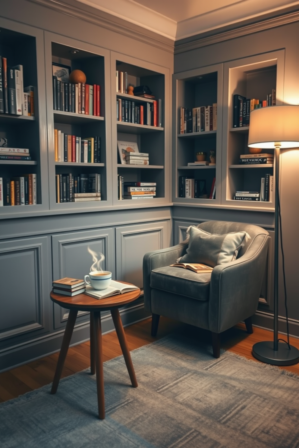 Cozy gray armchair positioned in a corner of a home library. Soft warm lighting illuminates the space, creating an inviting atmosphere for reading and relaxation. Surrounding the armchair are tall bookshelves filled with a diverse collection of books. A plush area rug lies beneath, adding comfort and style to the gray home library design.