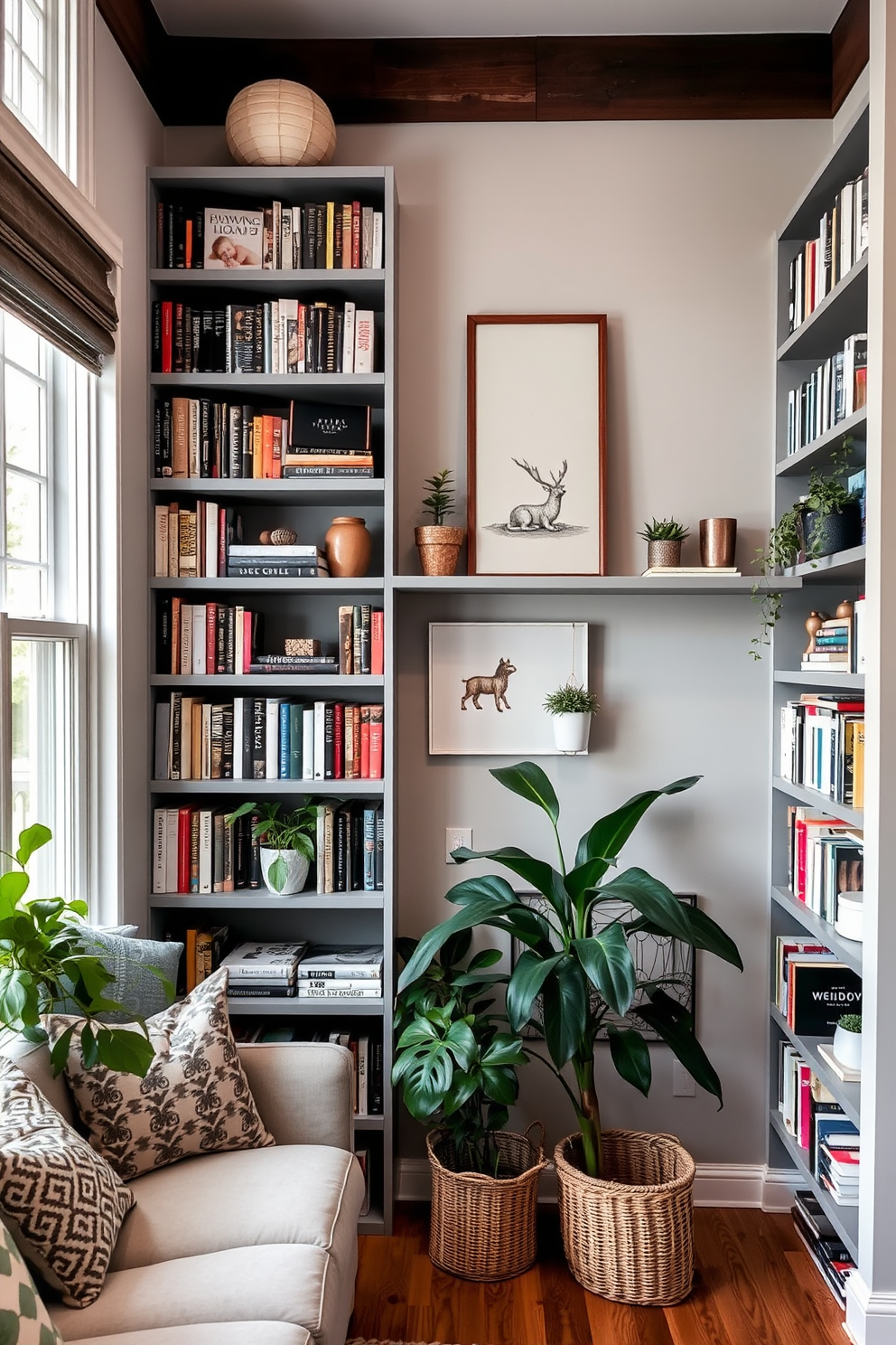 A chic gray ottoman sits elegantly in the center of the room, providing extra storage while enhancing the overall aesthetic. Surrounding the ottoman, tall bookshelves filled with an array of books create a cozy and inviting atmosphere in the gray home library. Soft gray walls complement the rich textures of the furniture, creating a serene backdrop for reading and relaxation. A plush area rug underfoot adds warmth, while strategically placed lighting highlights the beauty of the space.