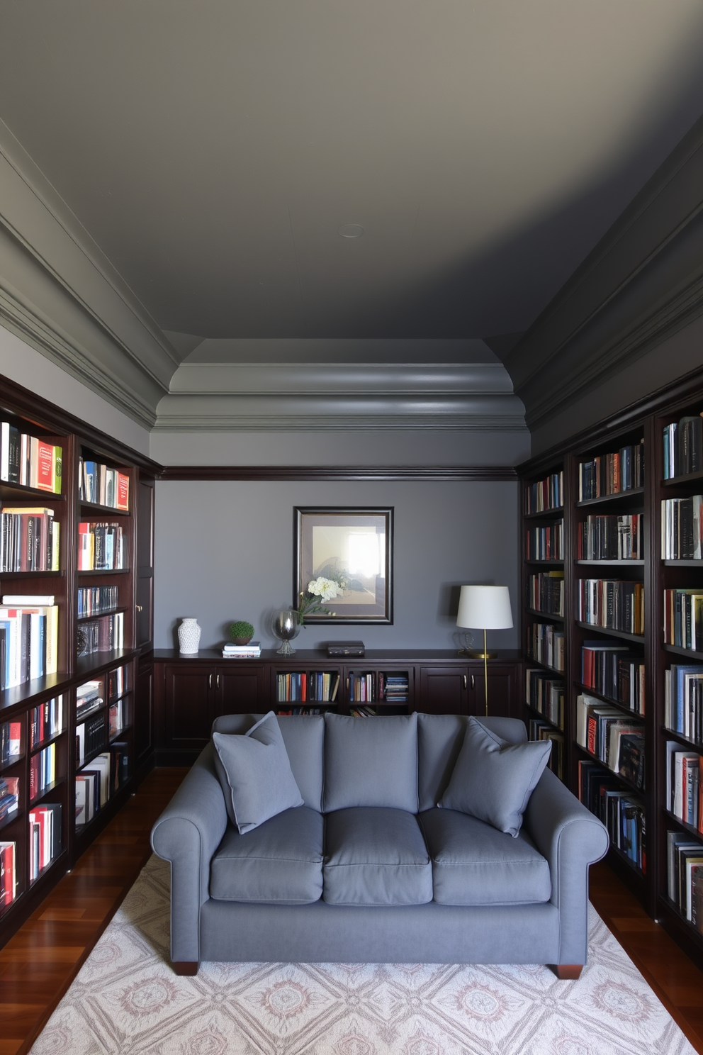 A rustic gray barn door adds character to the space with its weathered texture and charm. The home library features dark wooden bookshelves filled with an array of books, complemented by a cozy reading nook adorned with plush cushions.