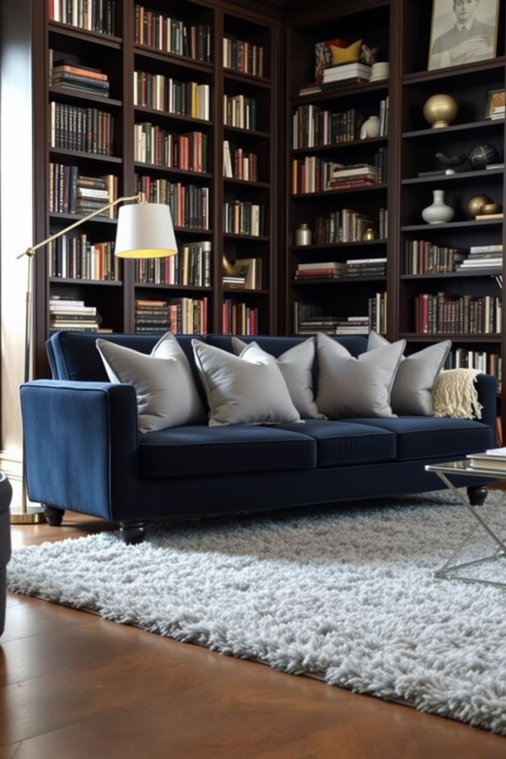 A cozy home library featuring a gray accent wall adorned with framed art pieces that evoke a sense of sophistication. The room is filled with rich wooden bookshelves, a plush reading chair, and a stylish floor lamp that creates a warm ambiance.