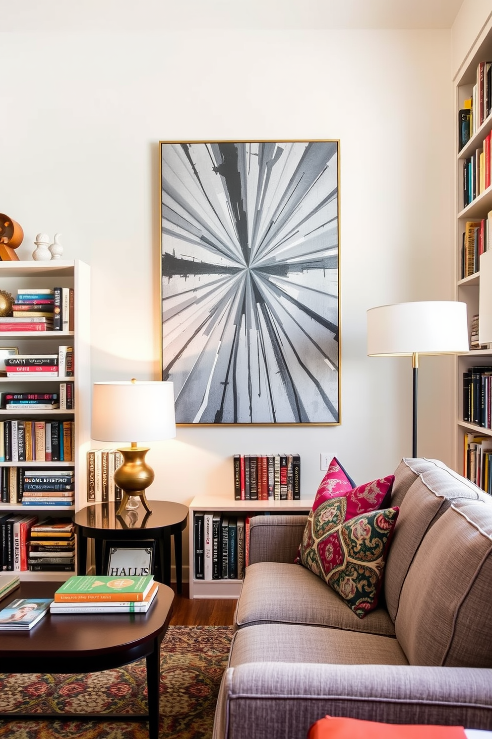 A cozy home library featuring layered gray throw blankets draped across a plush reading chair. The walls are lined with dark wooden bookshelves filled with an array of books, and a soft, ambient light illuminates the space.