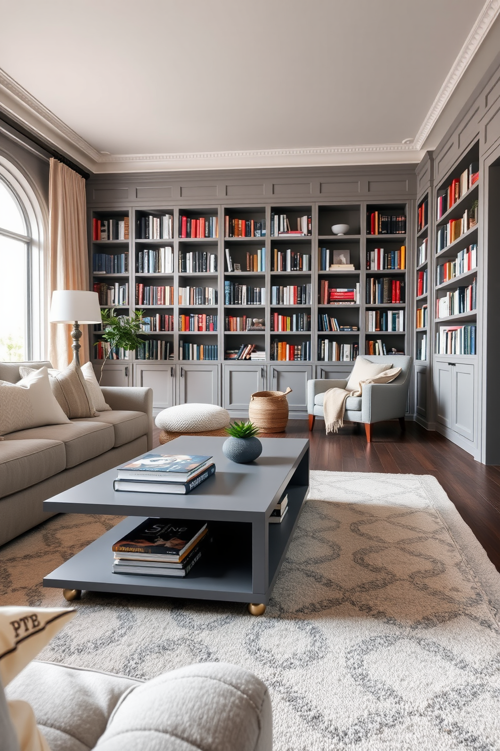 A stylish gray side table is positioned next to a comfortable armchair, creating a cozy reading nook. The table features a sleek design with a minimalist aesthetic, perfect for holding a cup of coffee or a stack of books. The gray home library is adorned with floor-to-ceiling shelves filled with an extensive collection of books. Soft lighting illuminates the space, enhancing the inviting atmosphere and encouraging relaxation.